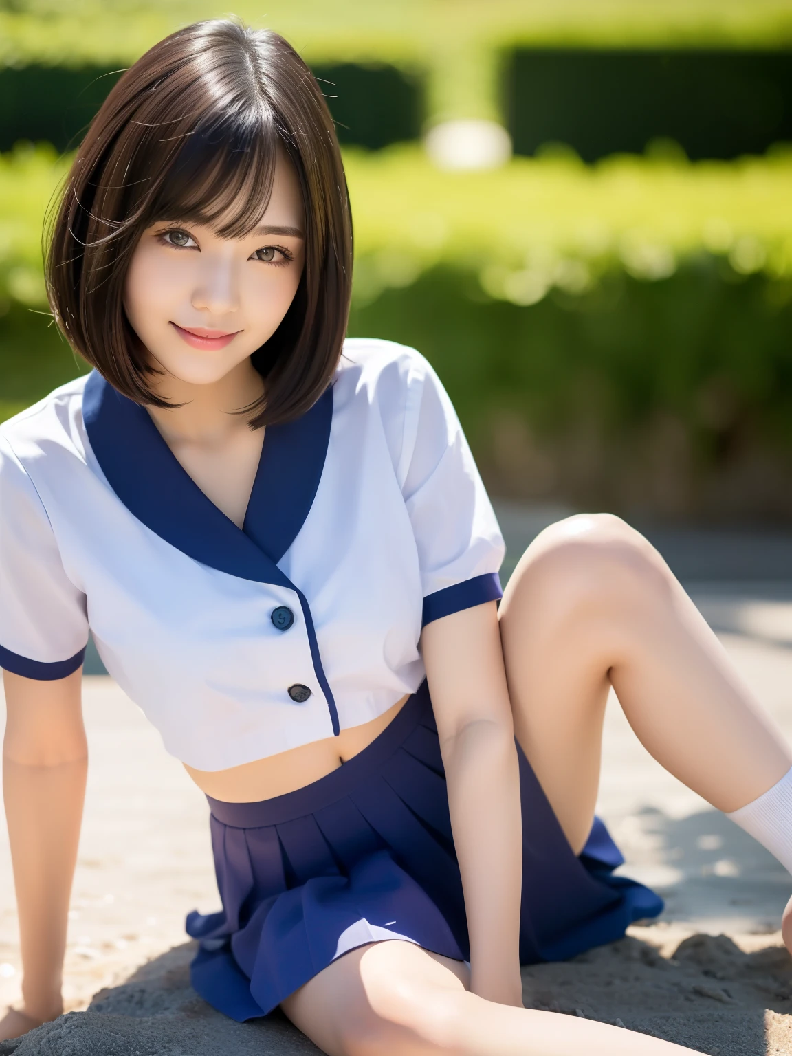 (highest quality:1.5)、(Realistic:1.5)、(1 person:1.5)、Very detailed、High resolution、8k、medium breasts、Natural color lips、Cute Smile、Japanese women、20-year-old girl、Beautiful and elegant face、Perfect and beautiful face、Balanced big eyes、Brunette eyes、Beautiful and elegant face、Natural double eyelids、Natural Bangs、Beautiful thin nose、Beautiful Skin、(Medium Bob Hair)、Natural Bangs、Perfect and beautiful face、Slim face and figure、Look at the viewers、white shirt short sleeves, navy pleated micro miniskirt,、Knee-high socks、Beautiful navel、Open the navel、The navel is visible、High-angle composition、(Staring at the camera with a sweet smile)、Bright lighting、Professional Lighting、Forward lighting、Beautiful feet:1.2、Smooth Skin、Slim Body、Slim waistline、slim thin thighs、Sit on the ground、Cleavage、Lavender Fields、Lavender blooming hill、(High school uniform), mathayom uniform,
