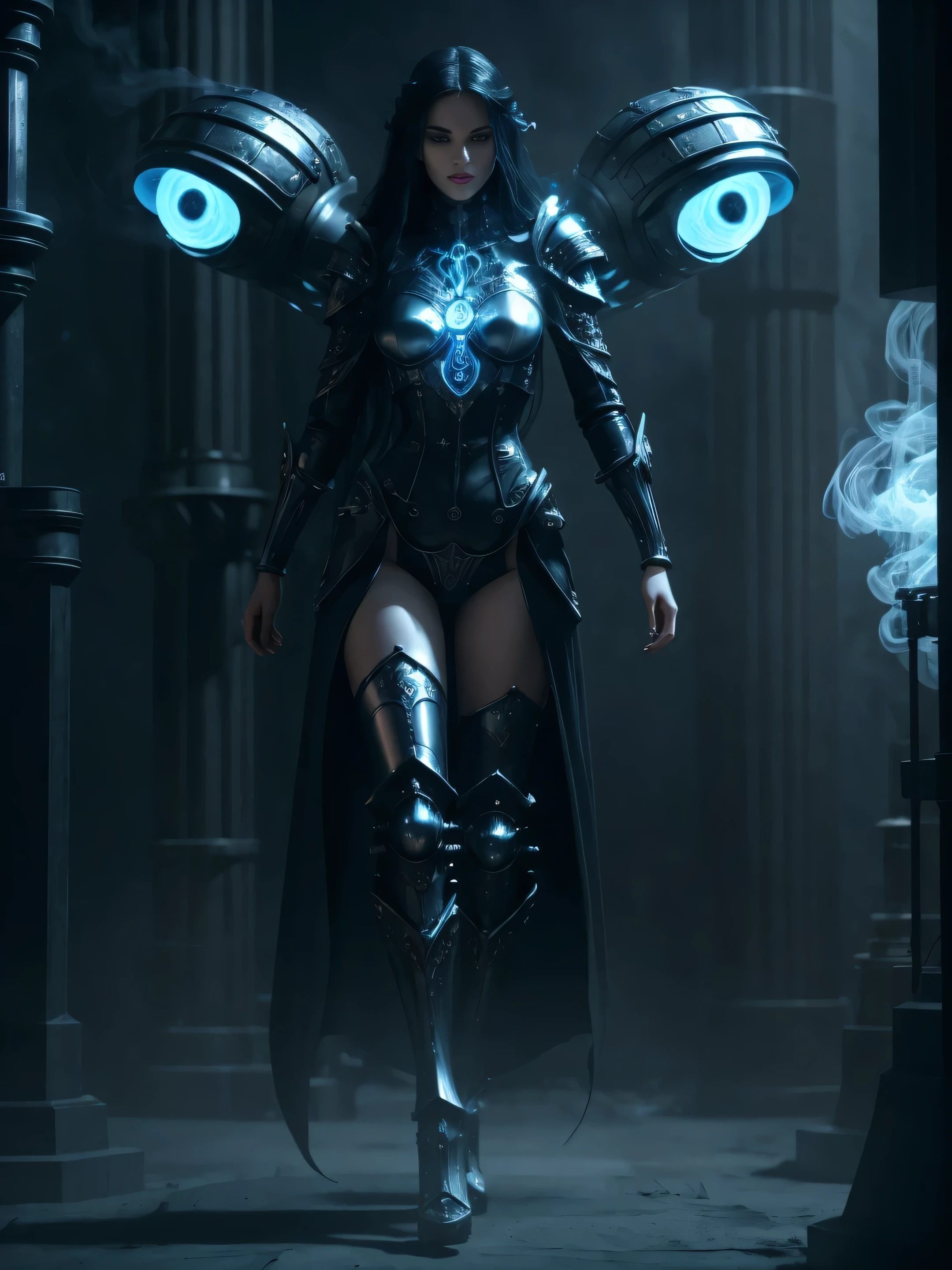 full body fantasy image medieval viking goddess controlling a complicated extraterrestrial alien machine long black hair blue eyes white skin tall graceful long legs pipes gears smoke steam 3d elaborate apro details twilight foreboding gloomy futuristic