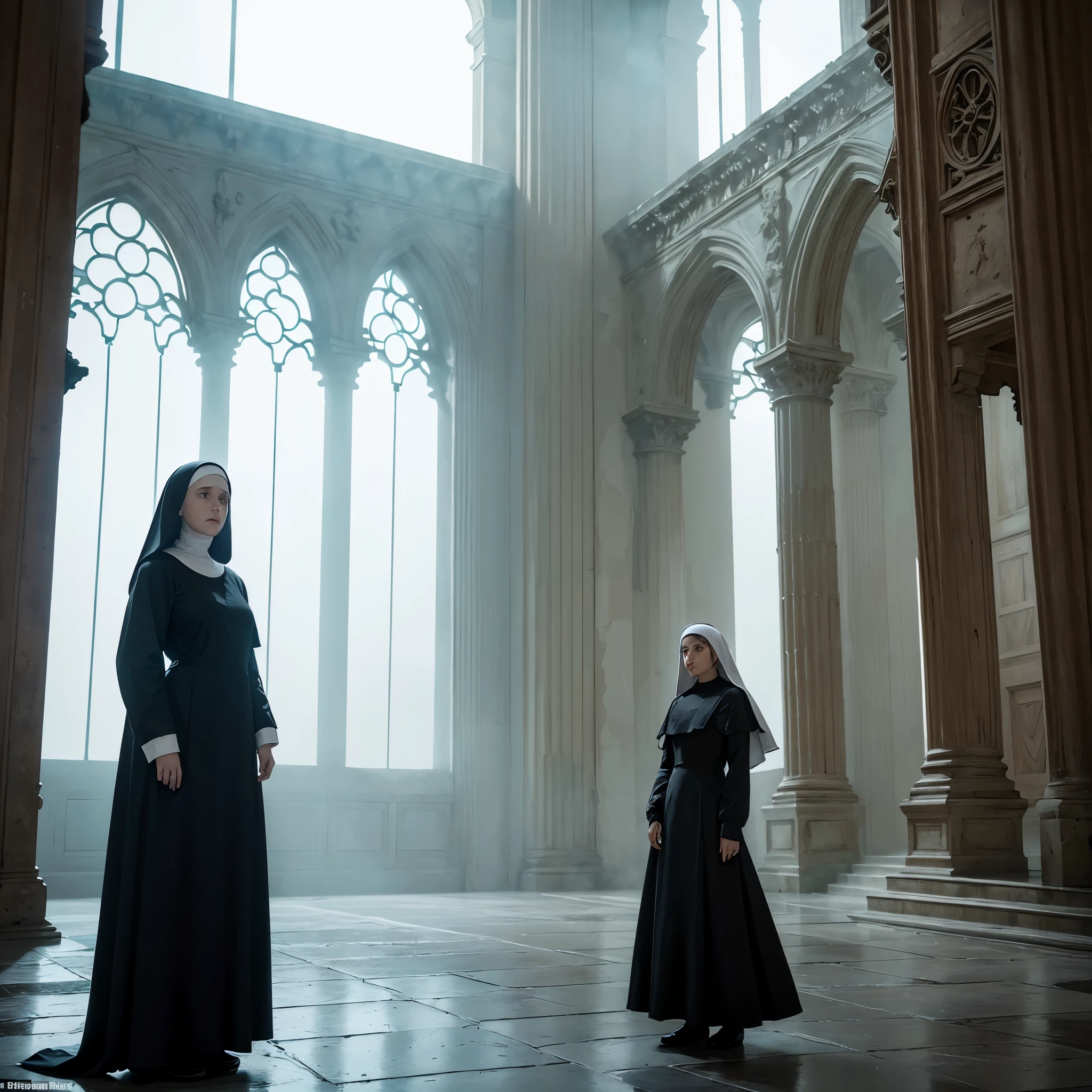 Masterpiece, half body shot, A beautiful catholic 18 years old nun is depicted in the foreground, her silhouette stark against the dimly lit backdrop of the ruined abbey. Wisps of fog swirl around her feet, adding to the sense of isolation and vulnerability). The abbey itself looms ominously behind her, its once-grand architecture now reduced to decaying ruins. Shadows play tricks on the eye, suggesting hidden figures or lurking dangers within the mist. The overall atmosphere is one of dread and impending peril, as the nun braces herself for whatever horrors the dawn may bring, 8K, ultra high res.photorealistic, UHD