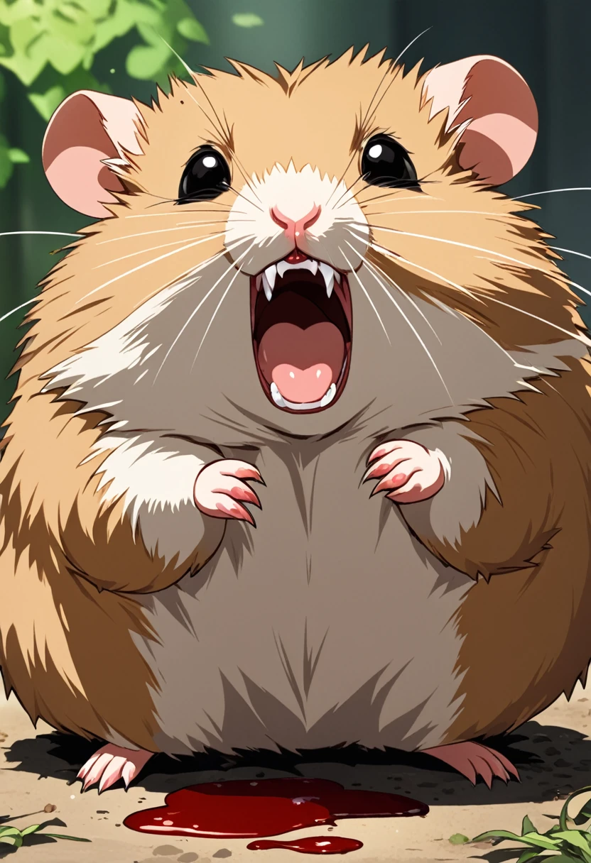 A yawning hamster is black, with big eyes, long teeth covered in blood
