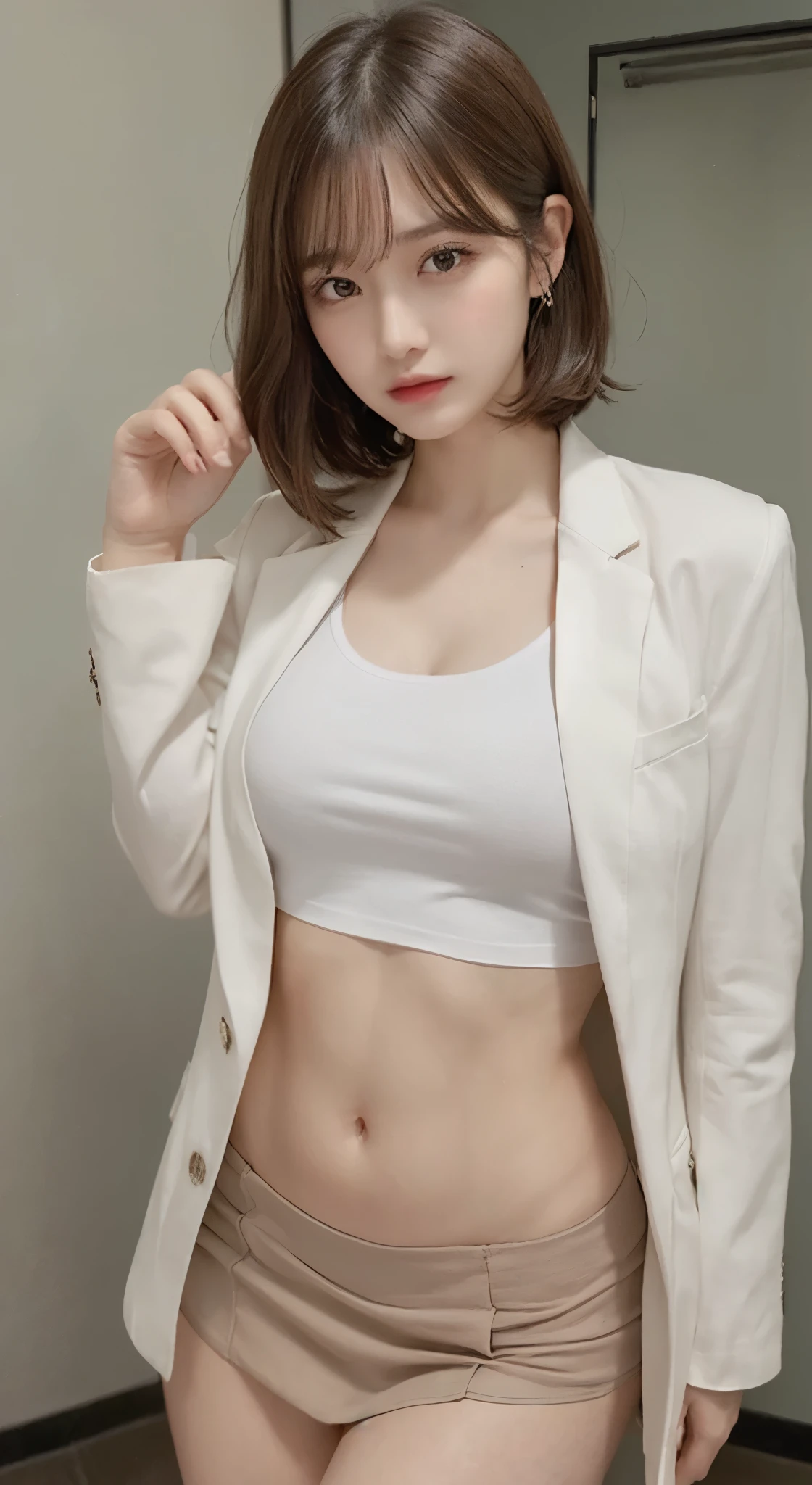 (highest quality), (Ultra-detailed), (Lift up your shirt、Underboob:1.3), (Detailed light), (Very delicate and beautiful、、Suit jacket、Very short white t-shirt:1.3), 1. Young Girl, Brown Hair, Brown eyes, model, highest quality, Highly detailed CG synthesis 8k wallpaper, High-definition RAW color photos, bright、Sexy pose、(Are thin:1.4)、Slightly 、Beautiful breasts、Suit skirt、short hair、((Naughty pose、I can see your thighs))、Cowboy Shot