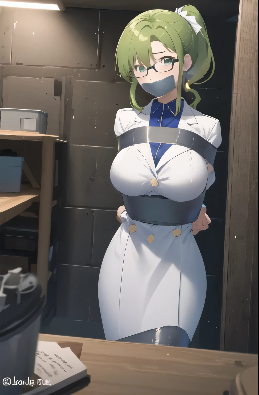 (masterpiece, best quality, detailed), 1girl, solo, looking at viewer, green hair, ponytail, glasses, brown eyes,
scientist, labcoat, glasses, collared shirt, pencil skirt, basement, (dark:1.5), dimly lit, Master piece, (best quality), perfect eyes, bound, bondage, (arms behind back:1.4), bdsm, tape gag, tape, tape bondage, close-up, restrained, standing ,best anatomy, middle body, laboratory coat,gigantic breast 