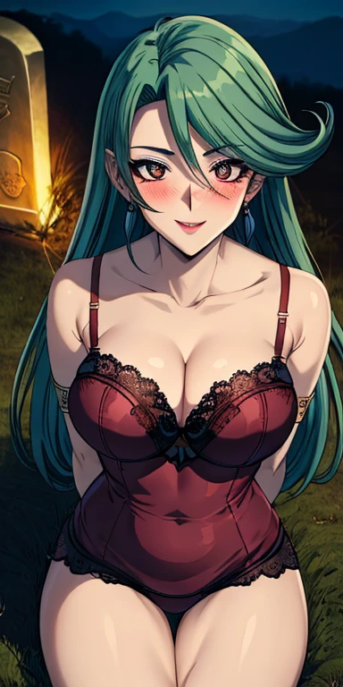 masterpiece, best quality, ultra-detailed, illustration,masterpiece, Best quality, high resolution, high resolution, Camula, 1girl, green hair, solo,clear skin, red dress, armlets,clear skin, upper body , evil smile,beautiful detailed eyes, looking at viewer in a seductive look, close up, (breast focus), (arms behind back:1.2), (from above:1.1),big sized breasts, attempt to seduce,blush, cleavage ,(wide thighs),(night),(graveyard), sitting ,(black lace bra)
