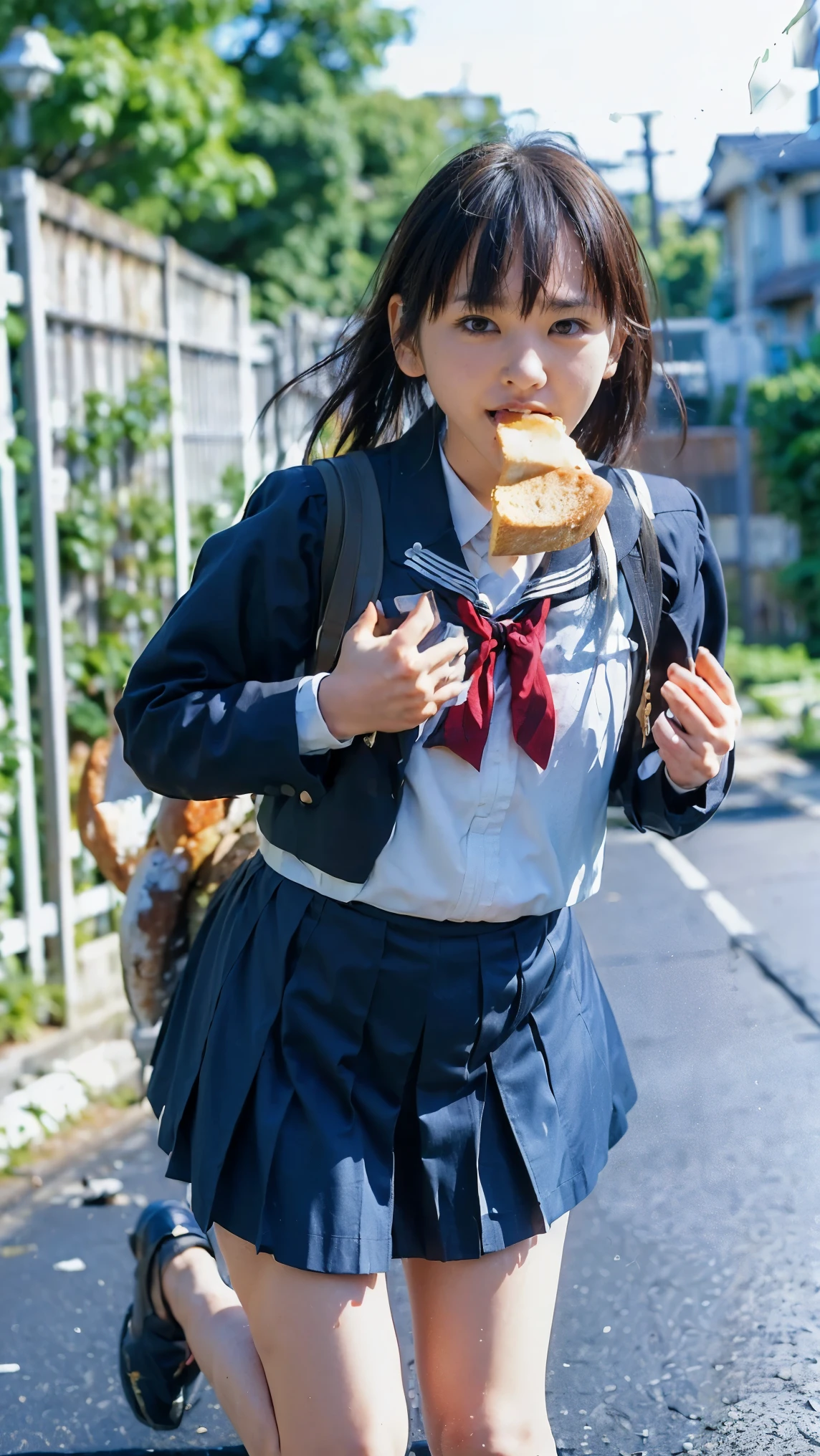 ((highest quality、Masterpiece))、Navy blue sailor suit、White collar、Blue line at cuffini skirt、(((Japanese 、Gal)))、((It is in a hurry、Long Hair、Scuffed by the wind、Disheveled Hair、My messy skirt flips up、Skirt floats))、Big Eyes,impatience,nervous,Sweat,(((Sprinting with only a thin, square slice of bread firmly in his mouth:1.5)))、((((Bread is only available if it is held in the mouth、Both hands are not holding anything)))),Red cheeks、It is in a hurry様子、((((head wind))),(Run in a forward-leaning position、Speed,Speed,Her hair and uniform skirt fluttering in the wind)、Black shoulder bag、Old house々、Green tree々、Flowers on both sides of the road、The sky is blue、Several birds are flying、The morning sun shines in and the shadows grow long、At the end of the road, I can see the slightly blurred school gate.、