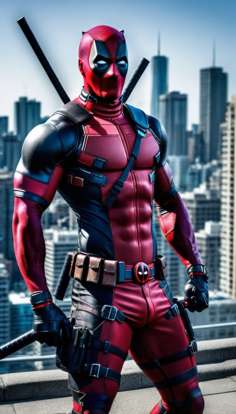 Marvel anti hero Deadpool, Muscular, nice abs and biceps, nice erection circumcised dick bulge, UHD HDR, full body shot in city background in Landscape mode,