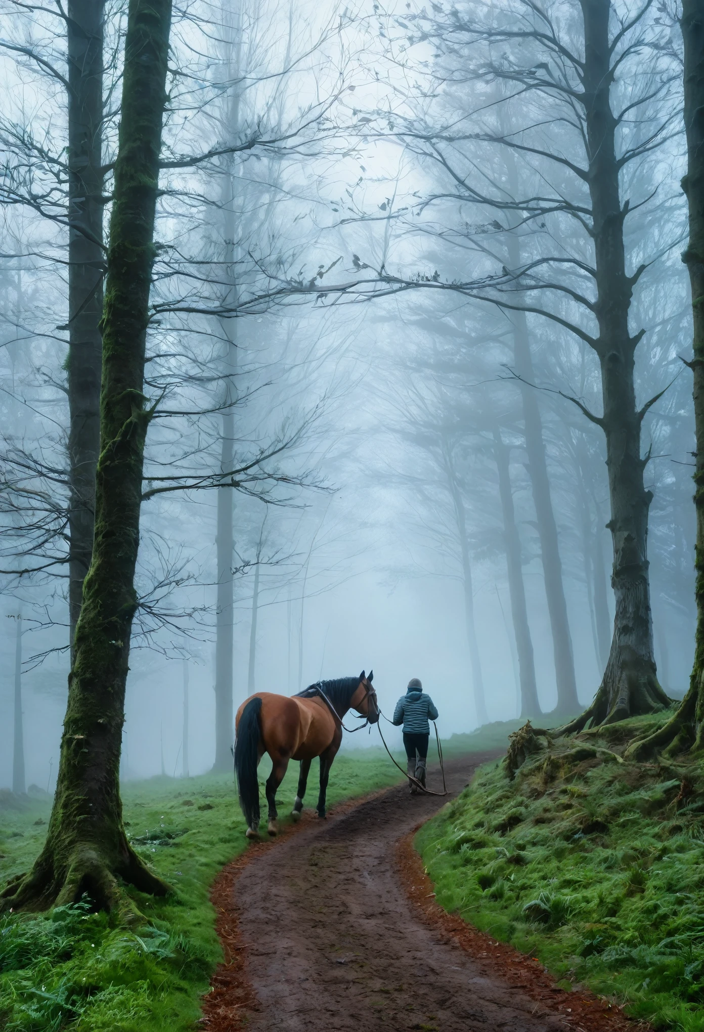 (((masterpiece, highest quality, High resolution,8k))),morning,Stableman pulling a horse,Forest Path、(((mist:1.9))),tree in morning fog