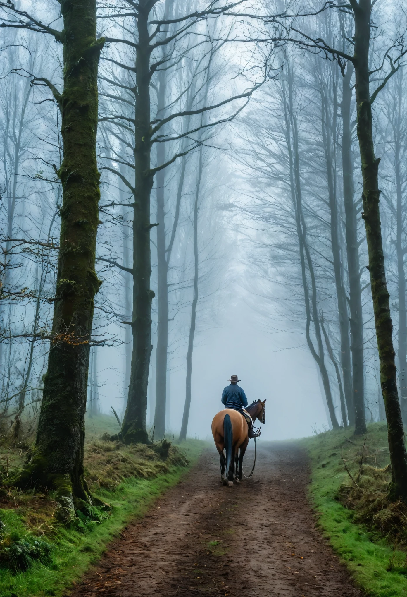 (((masterpiece, highest quality, High resolution,8k))),morning,Stableman pulling a horse,Forest Path、(((mist:1.7))),tree in morning fog