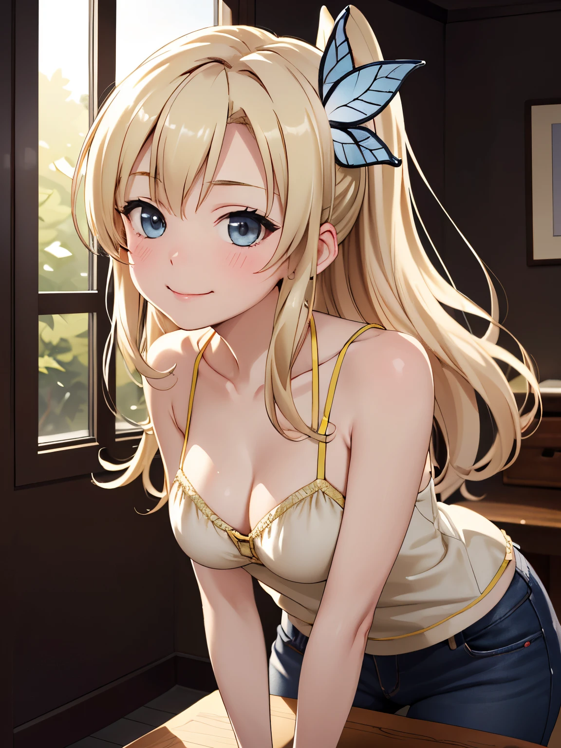 masterpiece, highest quality, High resolution, acid, Long Hair, hair ornaments,highest quality, High resolution, unity 8k wallpaper, Closed Mouth、smile、 (Beautiful details:1.6), Highly detailed face, Perfect lighting, Extremely detailed CG, (Perfect hands, Perfect Anatomy),camisole、Beautiful Hair、ponytail、Cowboy Shot、Leaning forward、