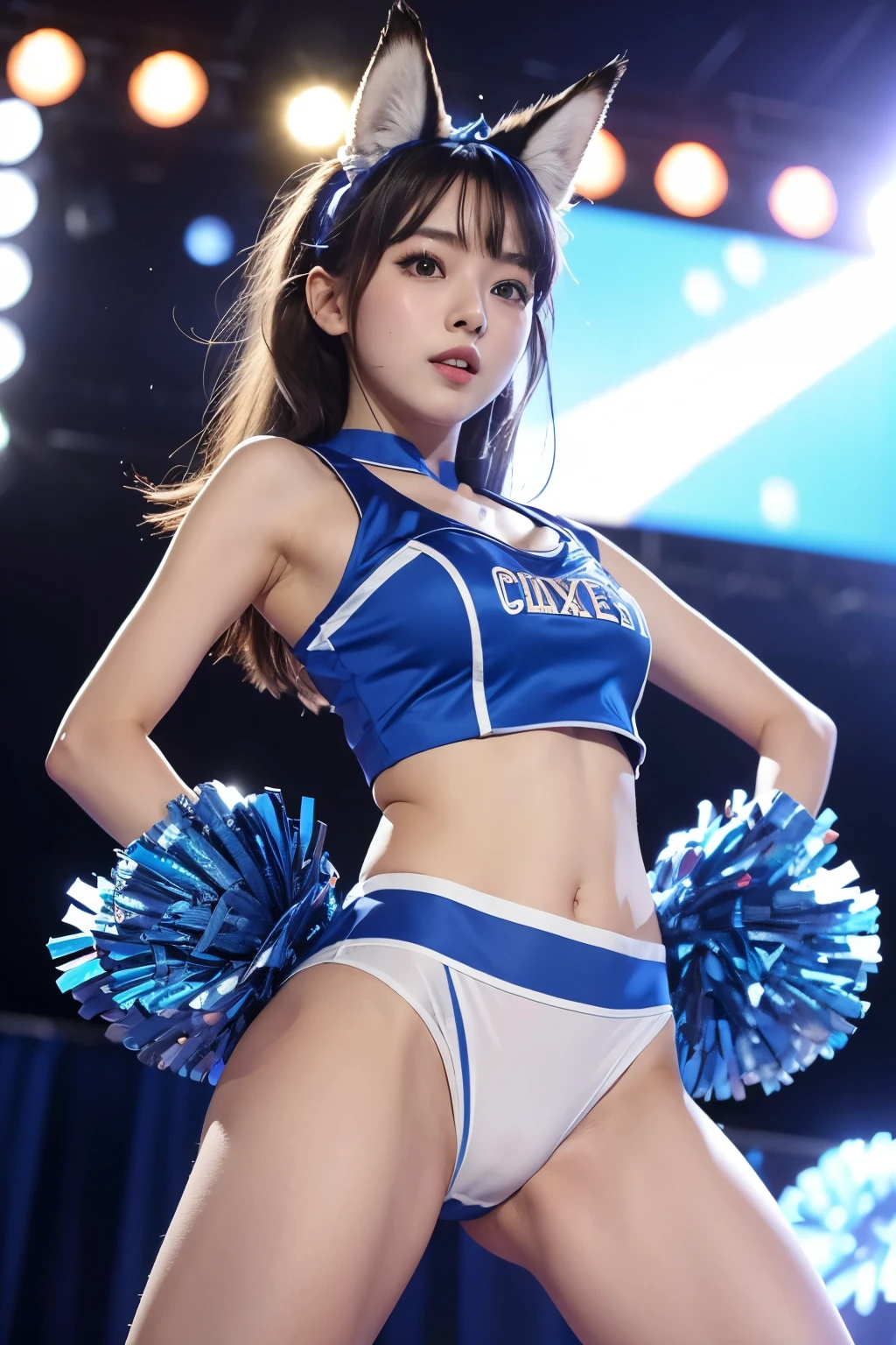 Cheerleader,Blue Costume,white_panties,Fox Ears,Dancing on stage,shoot from below,