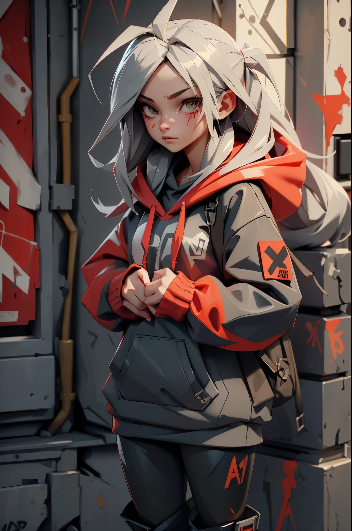 1girl,dark,anime,hoodie,red-hoodie,graffiti,wearing hoodie,grey walls,grungy,red graffiti dripping,(best quality,4k,8k,highres,masterpiece:1.2),ultra-detailed,(realistic,photorealistic,photo-realistic:1.37),portraits,vivid colors,bold lines,hazy atmosphere,low-key lighting