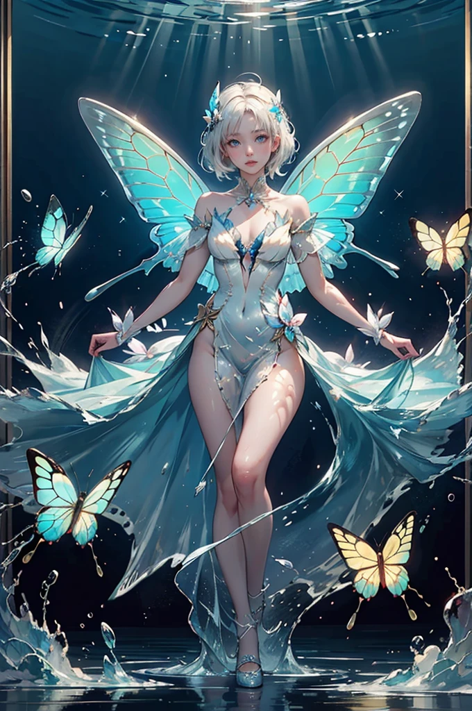 (masterpiece、highest quality、highest quality、Beautiful and beautiful:1.2)、(Good anatomy:1.5)、whole body、Milky white hair girl、Beautiful Eyes、Butterfly fairy costume、Water drape dress、Large wings of a transparent water butterfly，hologram、Diffuse reflection of light、Water light、The ends melt