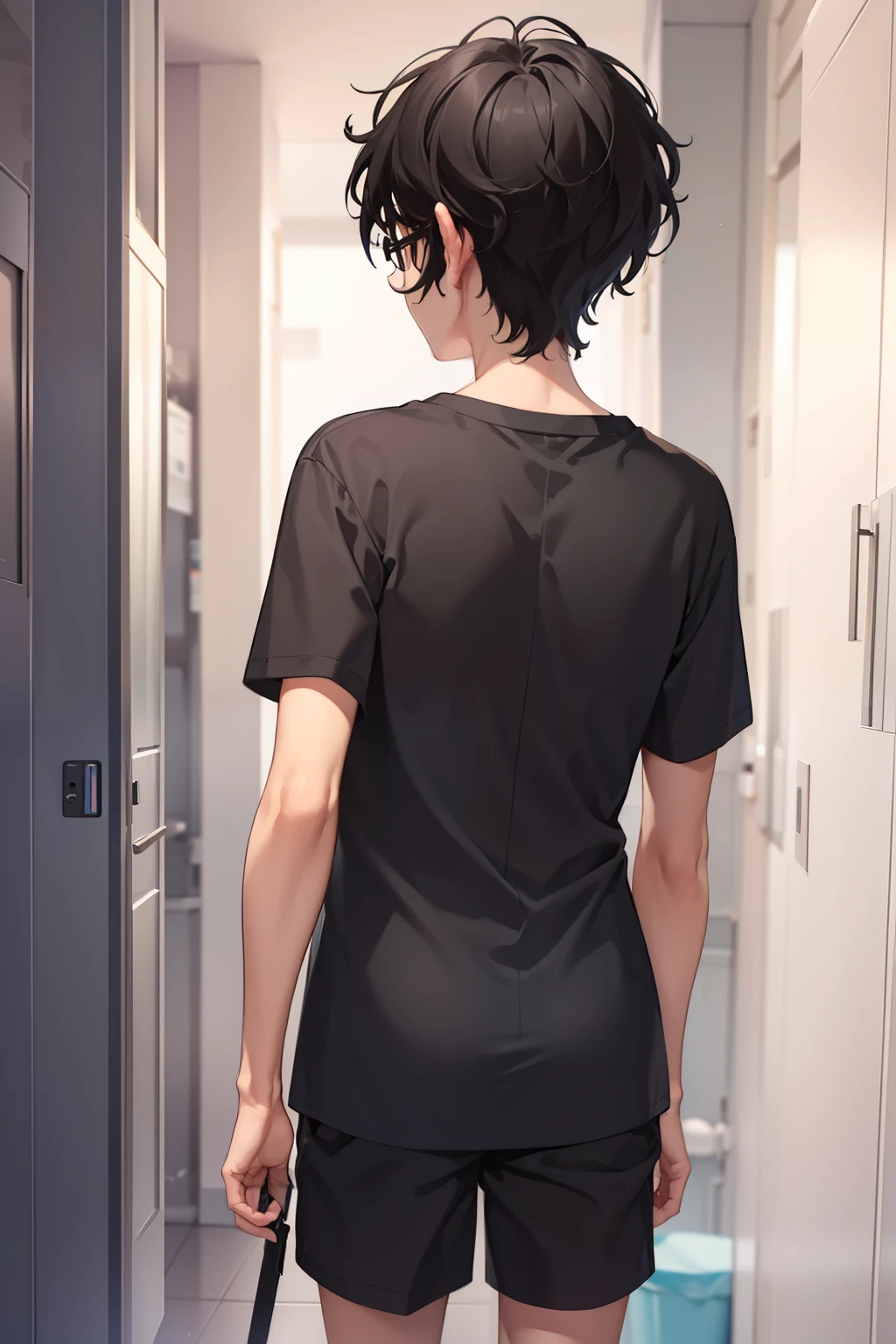 masterpiece, best quality, wallpaper, Facing backwards, camera angle from behind, photo from behind, looking away, looking away,1boy, solo, depth of field, momo_sakaki, black hair, brown eyes, hair between eyes, black shirt, Short sleeves shirt,black shorts, glasses, 16k resolution