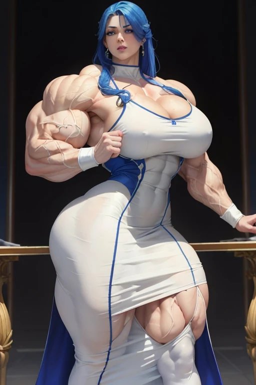 ((((Massive tall, beautiful, buff, pale white skinned muscular woman with royal blue hair, ginormous bulky muscles and wearing a beautiful white pencil dress)))), (close view), massive muscles, massive biceps, hyper muscle shoulders, massive muscle arms, vascular shoulders, hyper muscle triceps, (long curly wavy hair), white eyes, choker, on top of a sunny skyscraper In the sky, confidant smile, hyper vascular arm, hyper muscles arms, hyper muscle legs, (massive arms).
