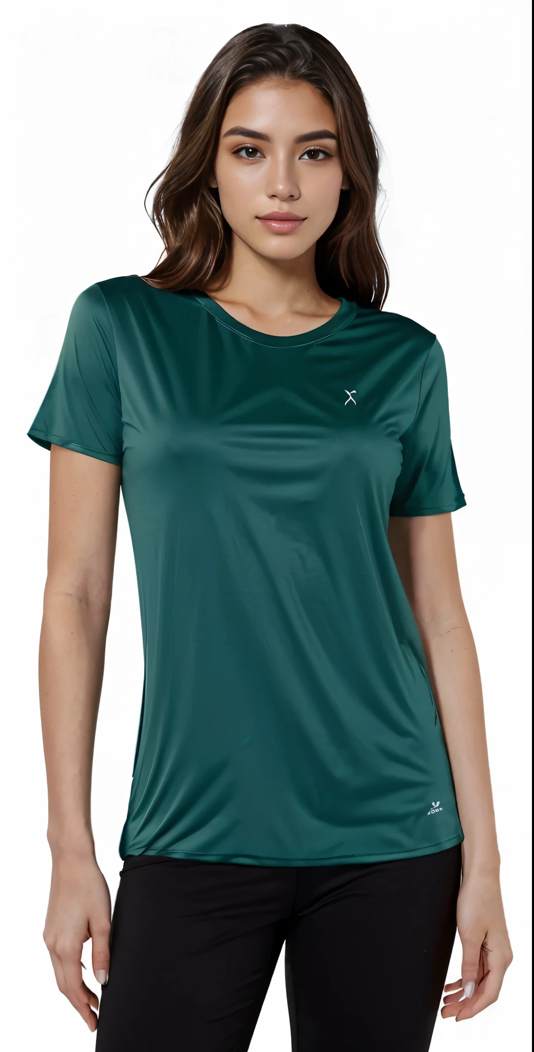 a woman wearing a camiseta T-shirt verde and black pants, in a dark t-shirt, dark camiseta, Manga curta, Verde escuro, in a Verde escuro t-shirt, Chique, camiseta color graded, camiseta verde, 3/4 view, 3 / 4 view, camiseta, foto do produto, close-up - ver