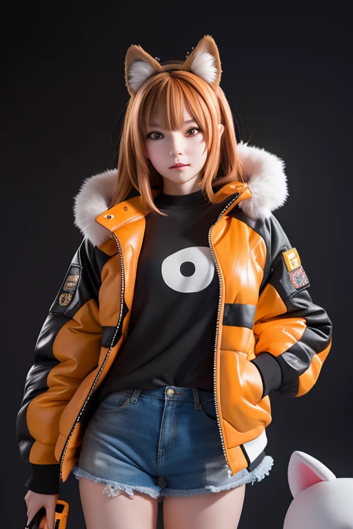 1girl, cute, 20 years old, seductive expression, look at viewer, jacket cyberpunk style, jacket, animal ears, wolf, photo, realistic, best quality, orange, yellow, and black, hires, detailed face, white background, diffused lighting, depth of field, bokeh, pose model, stand, white shoes, big breasts, mask cyberpunk style, firearms.