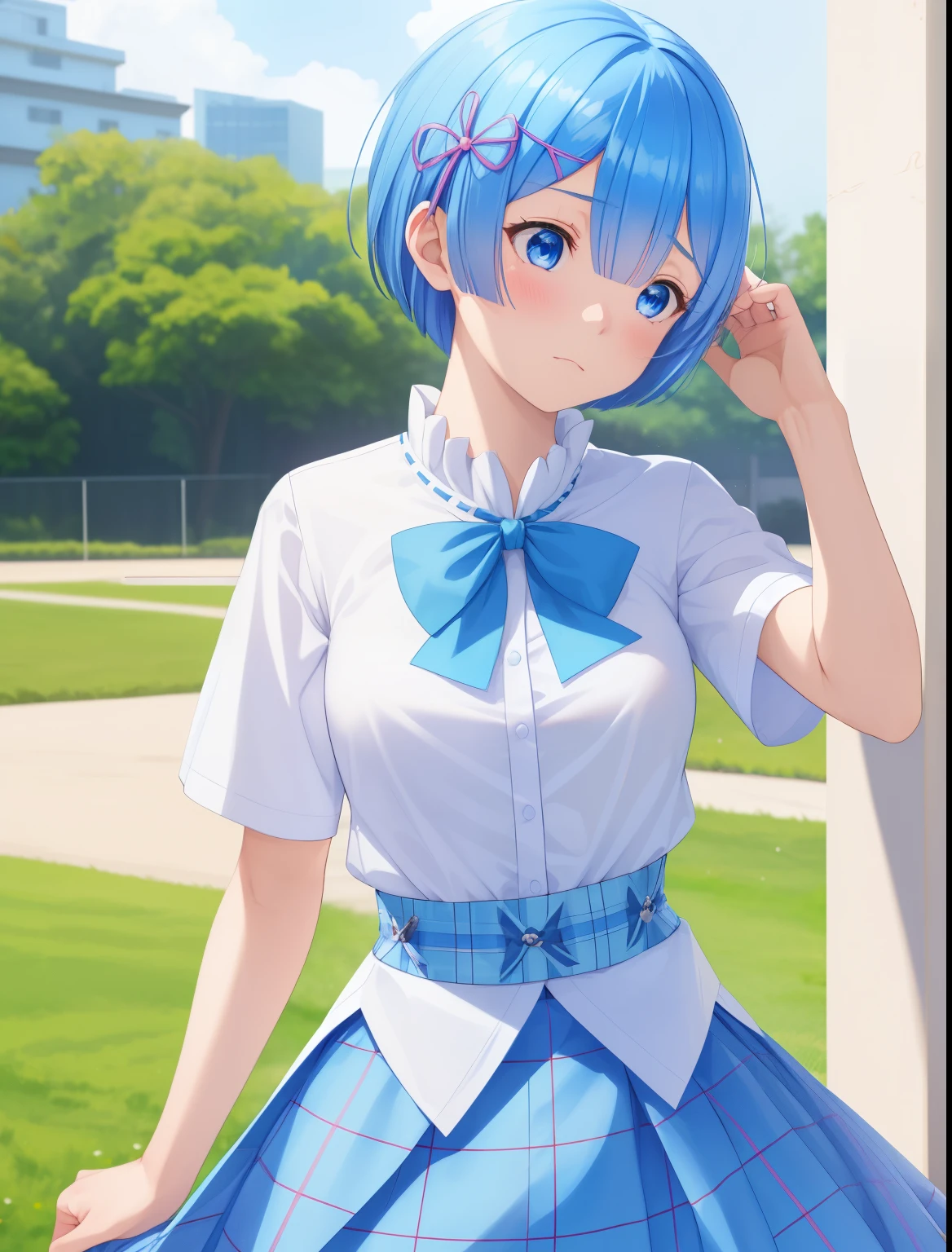 1girl, rem re zero,Short hair,,blue hair, blue eyes,,White shirt, short sleeve shirt, blue plaid skirt, blue bow tie,half body photo,ultra detail, ultra hd,Facing right, camera angle from the side,Sad expression, looking away, looking away