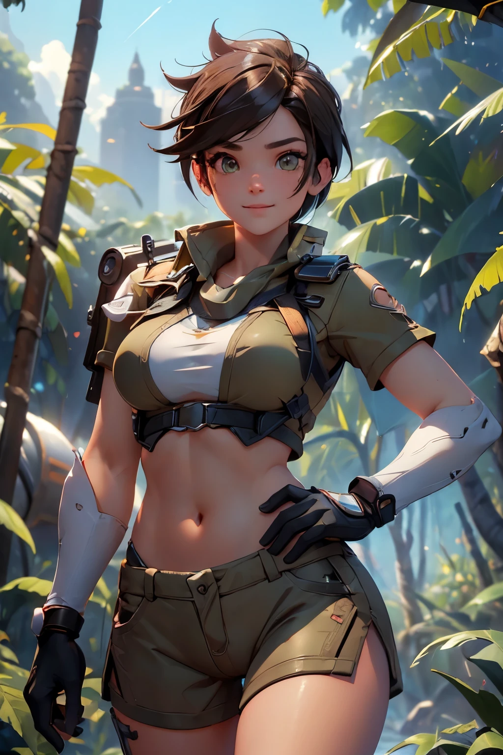 1girl, exploring a beautiful rainforest, paradise, (masterpiece), (best quality), tracerover, 25 years old, brown hair, spiked hair, short hair, Lara Croft style shorts and crop top, orange goggles, ((detailed)), ((best quality)), ((masterpiece)), extremely detailed CG unity 8k wallpaper, 32k, focus sharp, photo of perfecteyes eyes, perfecteyes eyes, Masterpiece, raw, beautiful art, professional artist, 8k, very detailed face, very detailed hair, perfectly drawn body, beautiful face, very detailed eyes, smiling, rosey cheeks, intricate details in eyes, perfect fit body, beautiful body, extremely detailed, intricate details, highly detailed, sharp focus, detailed skin, realistic skin texture, texture, detailed eyes, high resolution, kodak vision color, foto_\(ultra\), post-processing, maximum detail, roughness, real life, ultra realistic, photorealism, photography, absurdres, RAW photo, highest quality, high detail RAW color photo, professional photo, extremely detailed UHD 8k wallpaper unit, best quality, highres, (masterpiece, top quality, high resolution:1.4), photo, cinematic, film grain, sharp, soft natural light, magic photography, super detailed, anatomically correct, perfect anatomy, cameltoe.