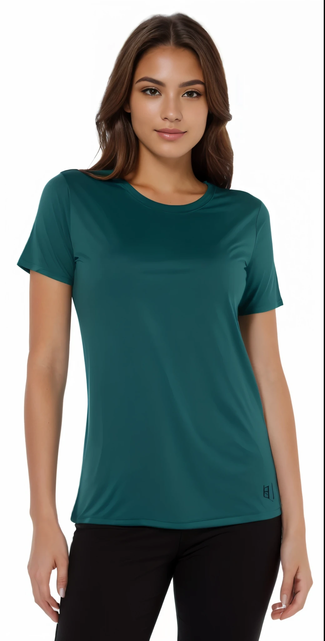 a woman wearing a camiseta T-shirt verde and black pants, in a dark t-shirt, dark camiseta, Manga curta, Verde escuro, in a Verde escuro t-shirt, Chique, camiseta color graded, camiseta verde, 3/4 view, 3 / 4 view, camiseta, foto do produto, close-up - ver