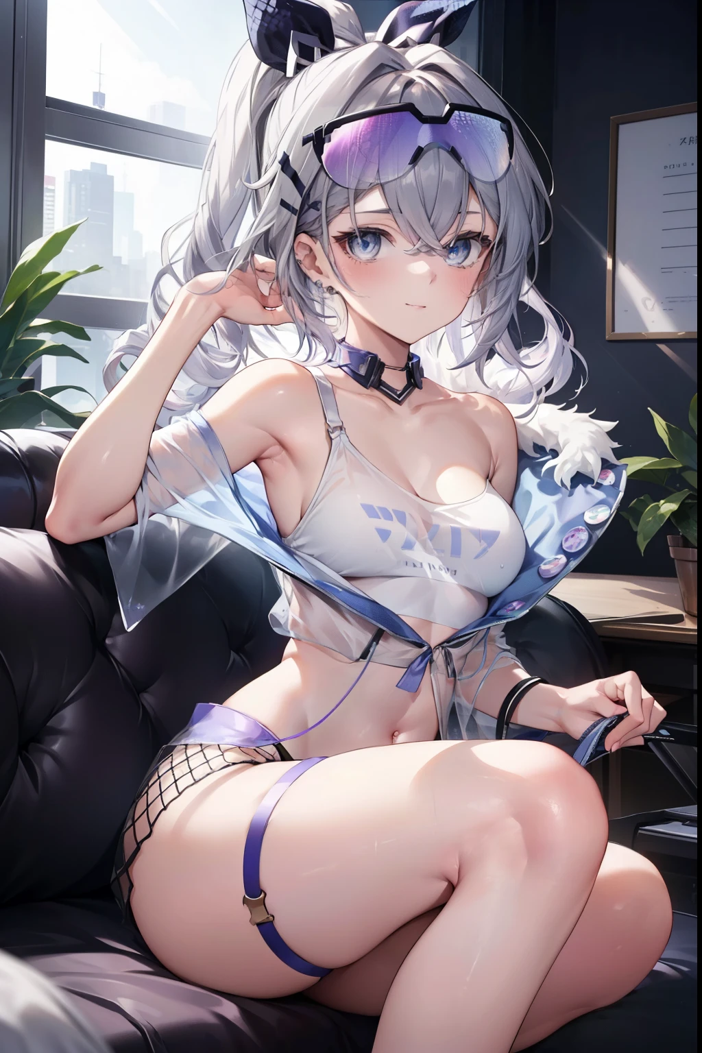 silverwolf、blush,smile、Sexy see-through lingerie、camisole、Primary school students、The back is very small、Lolita、Small breasts、Show me your armpits、exterior: 14 years old、Shoulder Bare、The clavicle is visible、Sexy thighs、Beautiful feet、Usual hairstyle、highest quality, High resolution, unity 8k wallpaper, (shape:0.8), (Beautiful and beautiful eyes:1.6), Highly detailed face, Perfect lighting, Extremely detailed CG, (Perfect hands, Perfect Anatomy),