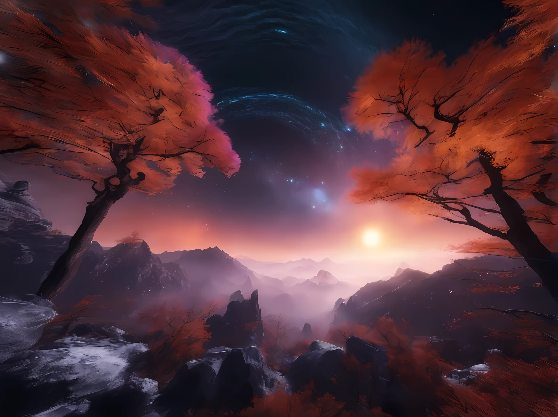 China-style,Ultra-wide angle of view,Beautiful view of autumn,mountain spring,waterfallr,Cloud fog,fall foliage,Fallen leaves all over the ground,oc rendered,high qulity,8K,super-fine,Hyper-realistic,Ultra photo realsisim,35mm camera lens,ultra - detailed