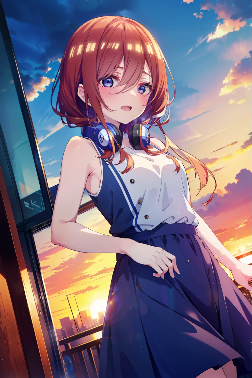 Miku Nakano, Miku Nakano, Long Hair, bangs, blue eyes, Brown Hair,ponytail,Blue Hairband ,Hair between the eyes, Headphones around the neck,White Sleeveless Dress,Exposing shoulders,Bare arms,Long skirt,Cute Sandals,Daytime,sunny,happy smile, smile, Open your mouth,As if your whole body is in the illustration,Looking up from below,
break outdoors, city,construction area,
break looking at viewer,  (Cowboy Shot:1. 5)
break (masterpiece:1.2), highest quality, High resolution, unity 8k wallpaper, (shape:0.8), (Beautiful details:1.6), Highly detailed face, Perfect lighting, Extremely detailed CG, (Perfect hands, Perfect Anatomy),