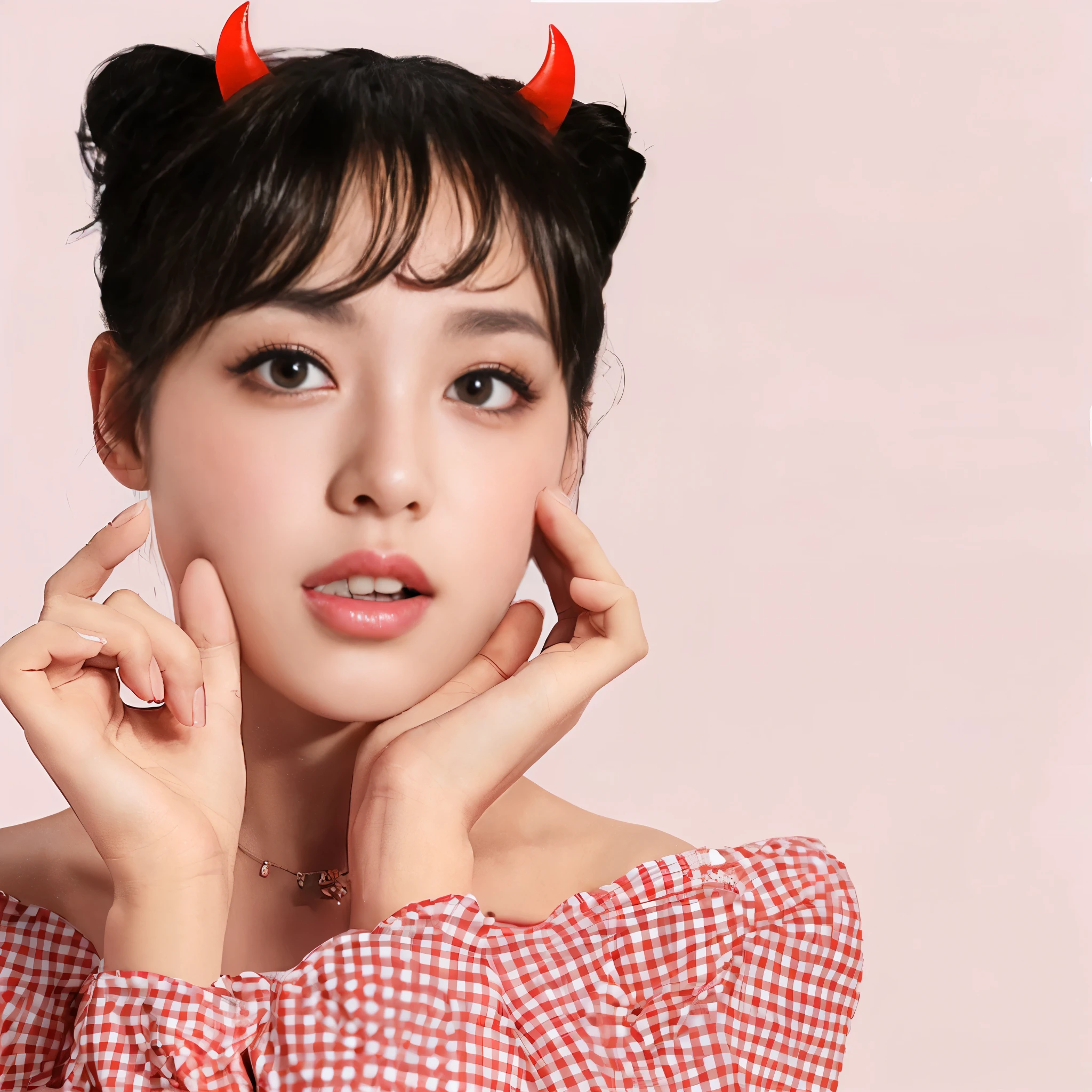 there is a woman with horns on her head posing for a picture, popular south korean makeup, popular korean makeup, ulzzang, red contact lenses, korean face features, girl with cat ears, horns and red eyes, girl design lush horns, giesha demon, iu lee ji-eun as a super villain, woman with cat ears, mika kurai demon