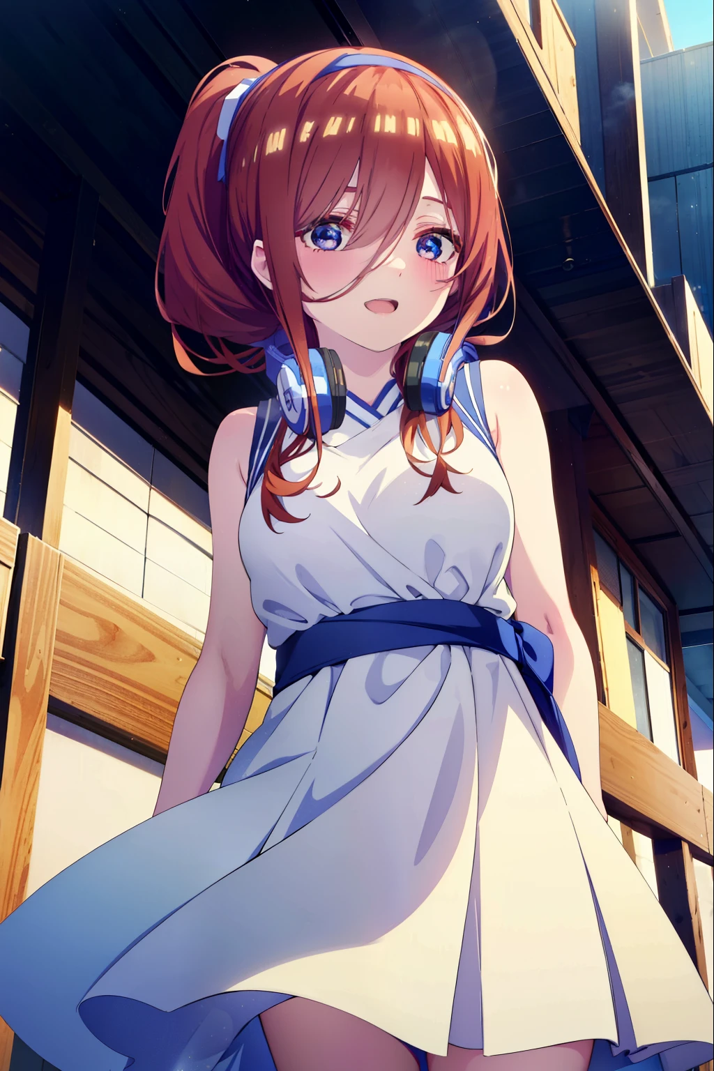 Miku Nakano, Miku Nakano, Long Hair, bangs, blue eyes, Brown Hair,ponytail,Blue Hairband ,Hair between the eyes, Headphones around the neck,White Sleeveless Dress,Exposing shoulders,Bare arms,Long skirt,Cute Sandals,Daytime,sunny,happy smile, smile, Open your mouth,As if your whole body is in the illustration,Looking up from below,
break outdoors, city,construction area,
break looking at viewer,  (Cowboy Shot:1. 5)
break (masterpiece:1.2), highest quality, High resolution, unity 8k wallpaper, (shape:0.8), (Beautiful details:1.6), Highly detailed face, Perfect lighting, Extremely detailed CG, (Perfect hands, Perfect Anatomy),