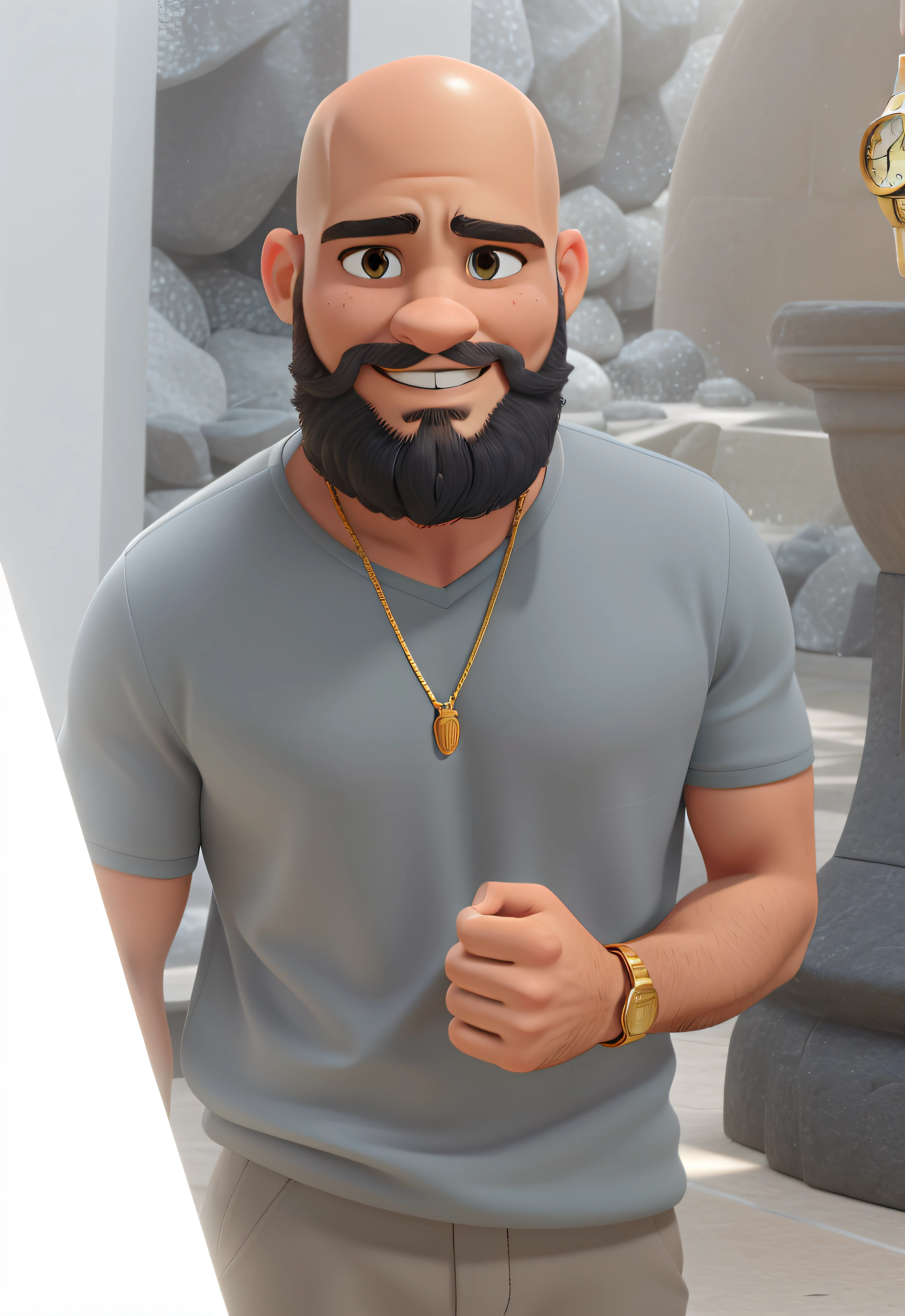 Un homme fort, plus, dark brown eyes, Soon men, avec barbe, wearing a gold chain around his neck and a gold watch on his left wrist, to l&#39;shopping center interior, style Disney Pixar, High quality, Best quality