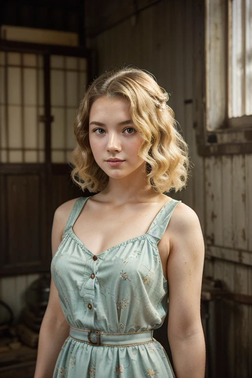 傑作photograph, ((Retro Vintage)), photograph, ((In 1940代の雰囲気)), In 1940, 20-year-old female, vintage dress, Wavy Hair, High resolution, Color images, short hair, old buildings, blonde