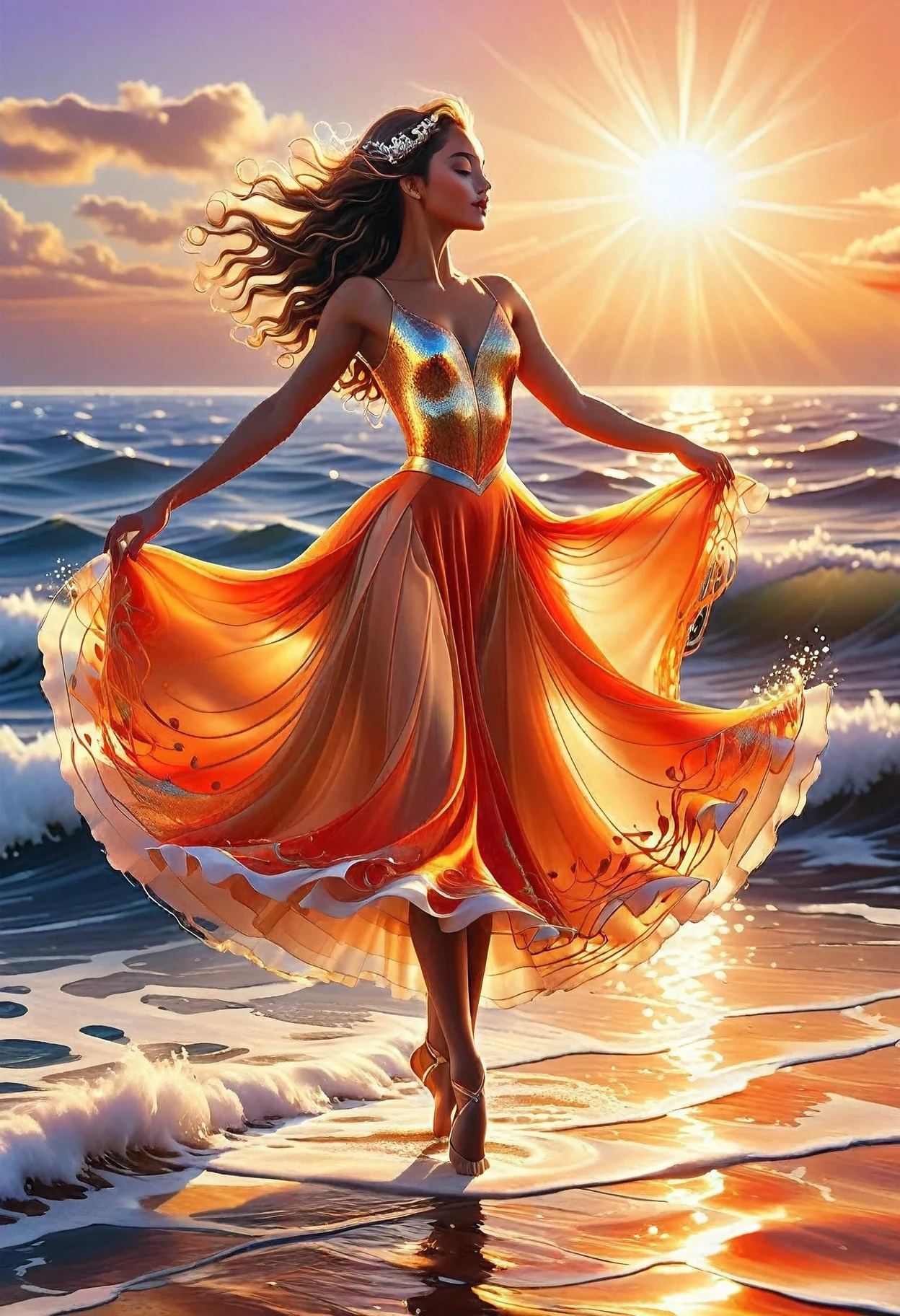 (Dancers on the Sea Surface:1.2), with graceful arms outstretched and twirling shiny_white_skirt, graces on the Golden_Sea Surface in a breathtaking ultravarium realism , full body panorama, the sunset, bathed in (hues_orange and hue_red)light , sun casts its warm_glow across the scene, reflecting off the shimmering ocean waves,. the dancer's form is intricately detailed, every curve and muscle visible in this high-definition, realistic rendering, detailed textured Splash on the Sea Surface beneath her feet seems to come alive as the sunlight dances upon it, while the sky above is alive with vivid hue_ultraviolet that add an ethereal quality to the scene, She (Dancing on the Sea Surface),8k 16k ,uhd,masterpiece, trending on artstation 