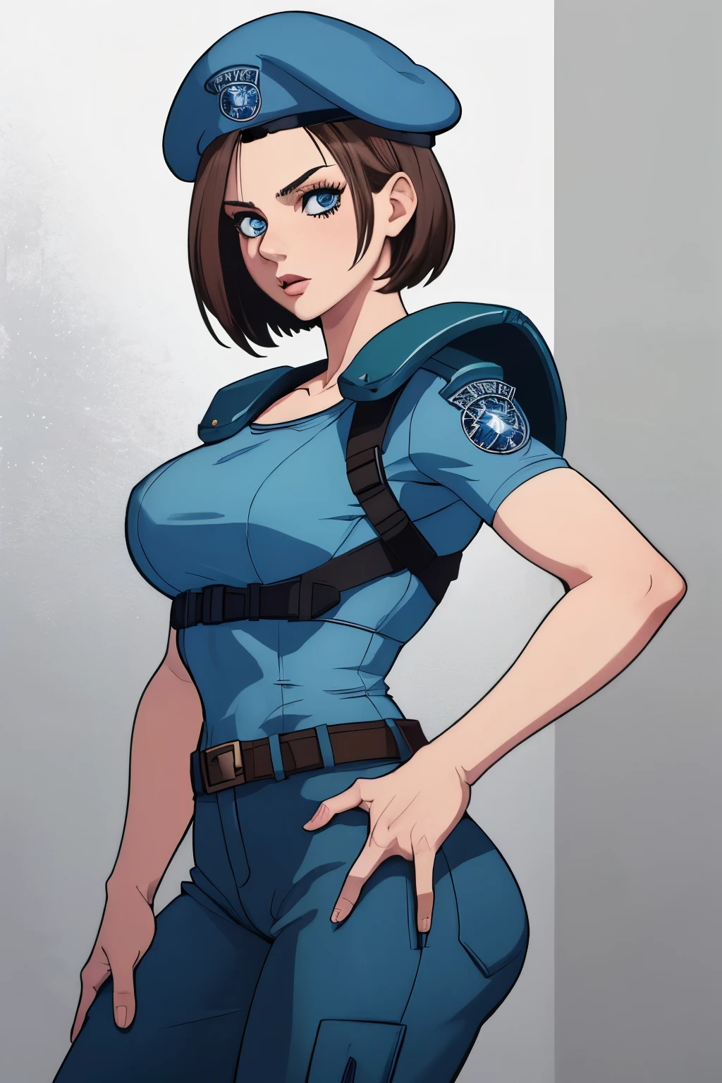 Jill Valentine, masterpiece, best quality, 1girl, solo, standing, jillre1, beret, uniform, shoulder pads, short sleeves, harness, belt, pants, unmoving pattern, peitos grandes, bunda grande, ela esta mostrando a lateral, pernas abertas, bunda grande, decote, peitos grandes 