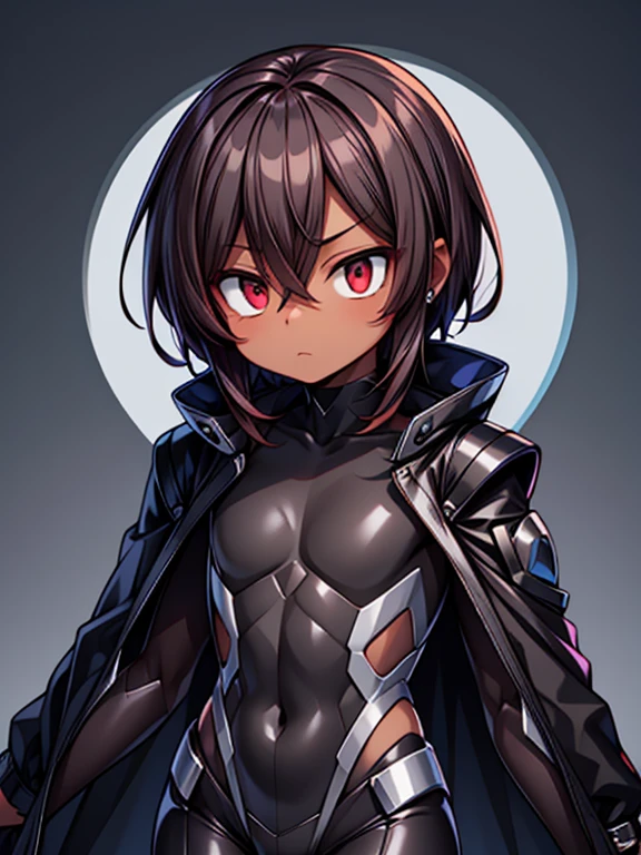 dark skin, male, ((short dark brown hair)), big red eyes and a very androgynous face, wearing a black exoskeleton bodysuit and a long black coat taimanin with sliver accent, black armoured taimanin_suit,