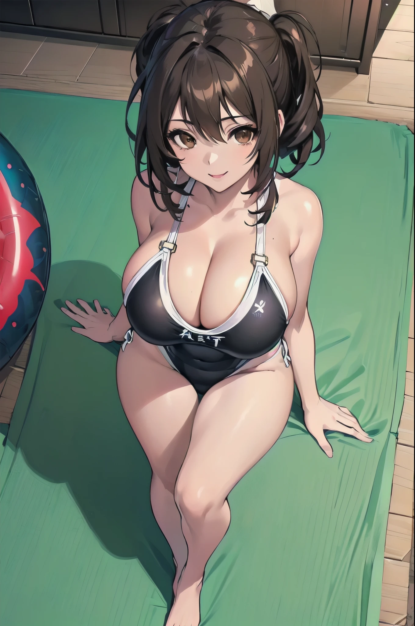 (beautiful detailed eyes:1.5),(ultra-detailed face:1.5),(living room:1.5),(From above:2.5),(((medium hair:1.3,black hair:1.5))),(brown eyes:2.0),(from directly above:1.5), (1 girl:2.0),(under :2.0),(Smile Beam:1.5),((huge breasts(huge saggy breasts:2.0), age:2.0)),((compswimsuit:2.0)),((High leg:2.0), 20 years old,masterpiece,hyper quality, very detailed,perfect picture,3D,8k,High resolution,seductive anime girl, sporty hairstyle,Smooth anime CG art,