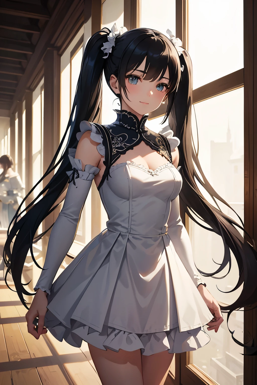 Beautiful young woman,
With gorgeous twin tails,
Jet black and sleek,
Slightly twisted ends,
Detailed, masterpiece quality,
4K resolution, HDR enabled,
Soft studio lighting,
Ultra-fine painting,
Sharp focus, depth of field,
Realistic rendering, physical-based,
Vibrant colors, extreme detail description,
Clean lines, intricate design,
Lovely dress, knee-length,
White frills, Lace details,
Standing confidently, gentle smile,
Dynamic light and shadow,
Atmospheric, dreamy,
BSG anime art style.