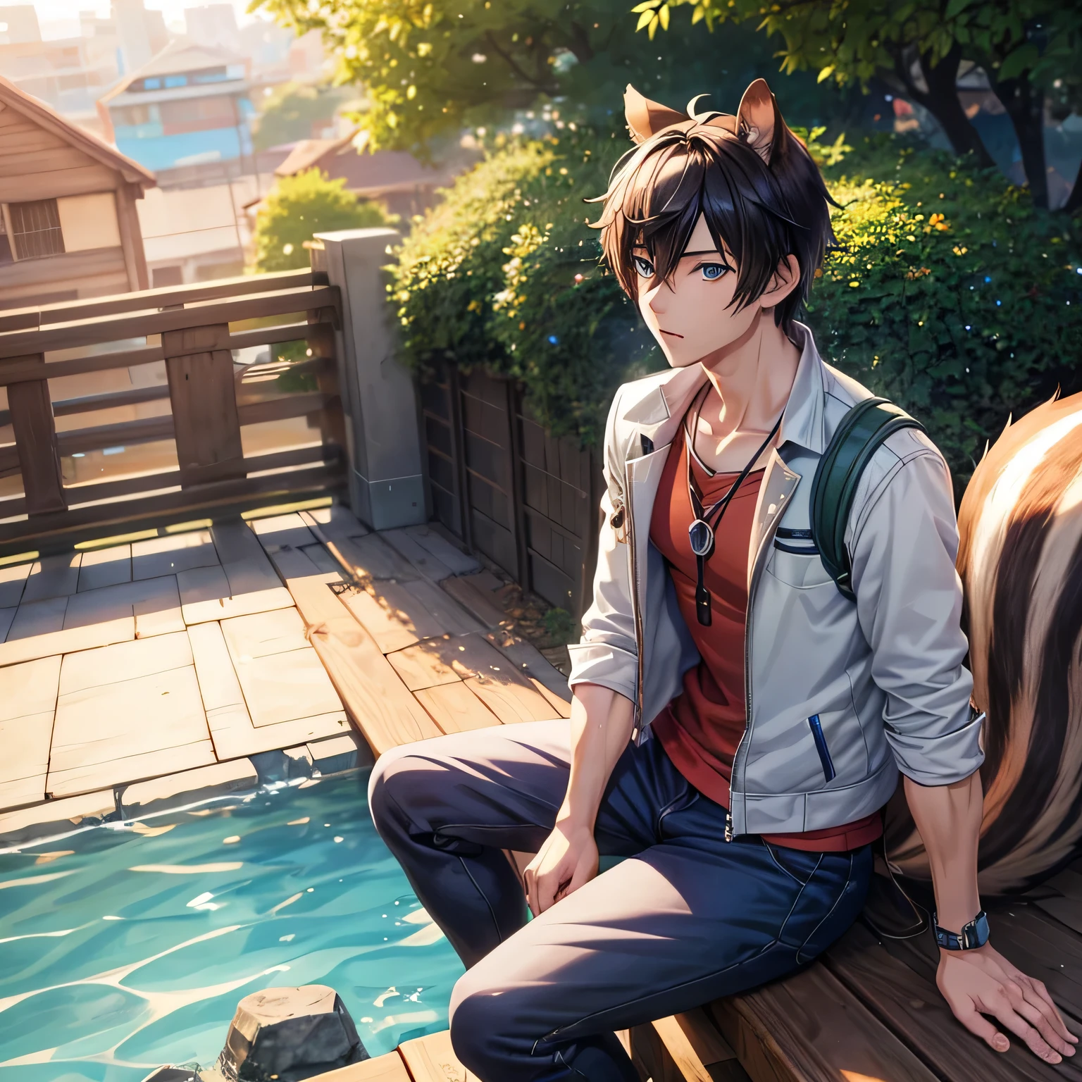 anime boy sitting on a bench with squirrel tail, anime boy with squirrel ears, young anime man, kawacy, realistic anime artstyle, handsome anime pose, tall anime guy with blue eyes, realistic anime 3 d style, anime handsome man, anime style 4 k, male anime style, makoto shinkai ( apex legends ), high quality anime artstyle, in anime style, cool pose