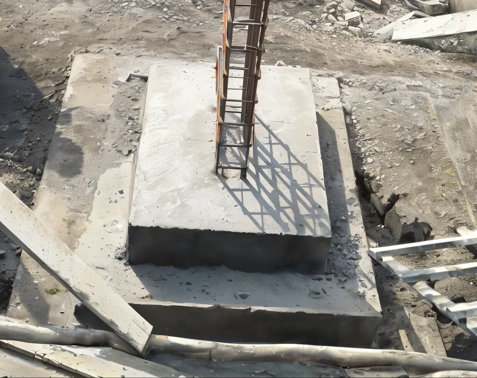 there is a concrete block with a ladder on top of it, solid concrete, concrete pillars, dug stanat, foundation, cement, on the concrete ground, smooth solid concrete, rusticated stone base, picture taken from the ground, concrete building, concrete, photo taken from the ground, made of cement and concrete, concrete ), high angle close up shot