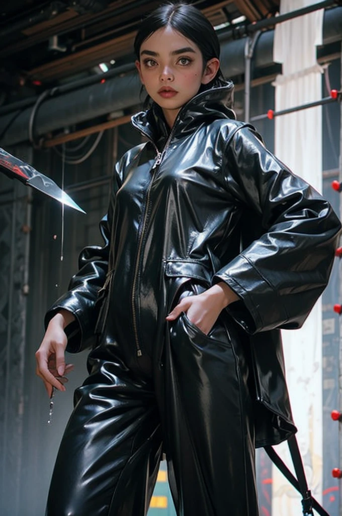 there is a woman in a black latex outfit holding a knife, latex suit and raincoat, wearing black latex outfit, black latex, latex shiny, wearing latex, glossy and drippy, black latex suit, wrapped in black tentacles, latex domme, wearing atsuko kudo latex outfit, cyberpunk glossy latex suit, wrapped in black, wearing a black catsuit