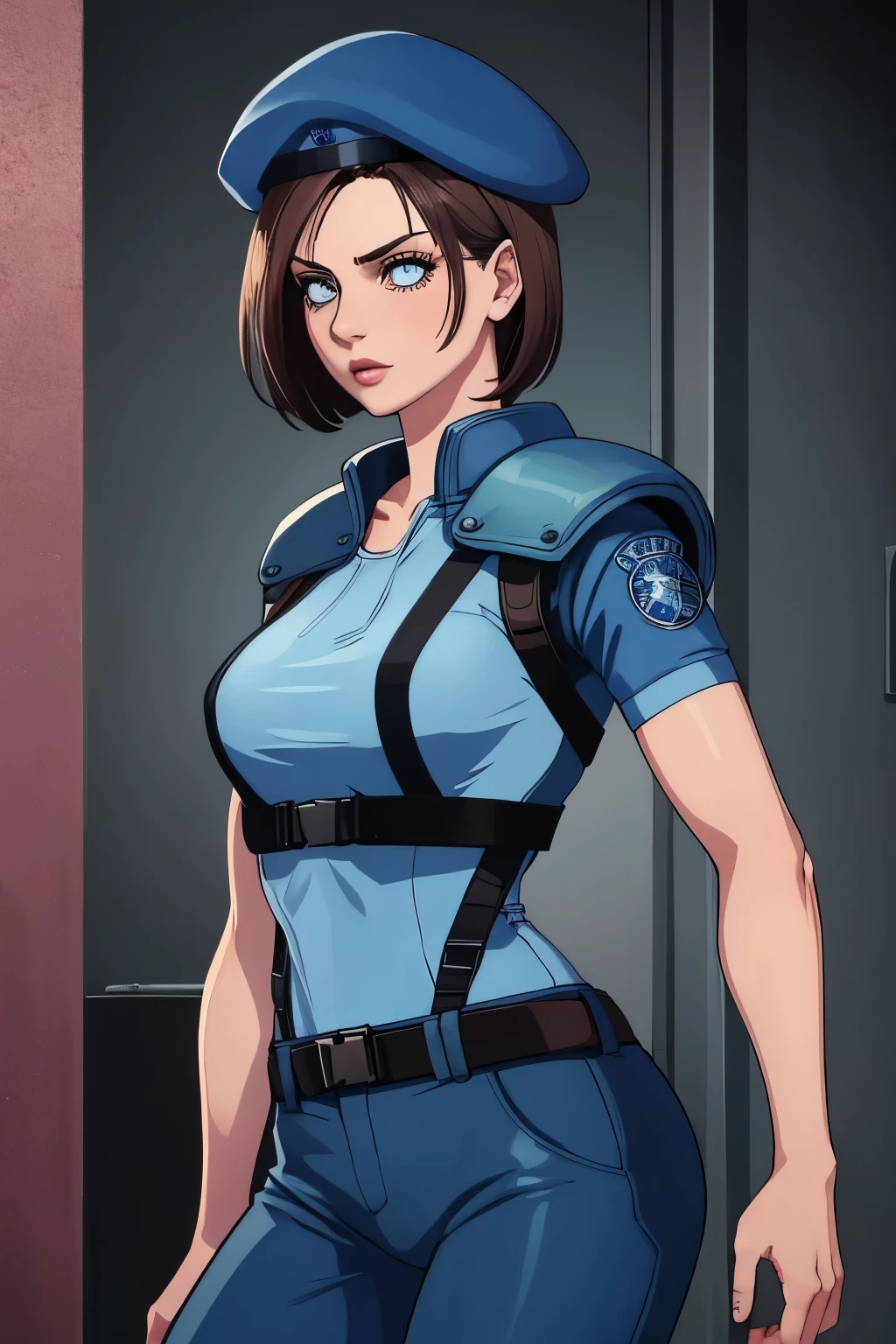 Jill Valentine, masterpiece, best quality, 1girl, solo, standing, jillre1, beret, uniform, shoulder pads, short sleeves, harness, belt, pants, unmoving pattern, peitos grandes, bunda grande, ela esta mostrando a lateral, pernas abertas, bunda grande, decote, peitos grandes 