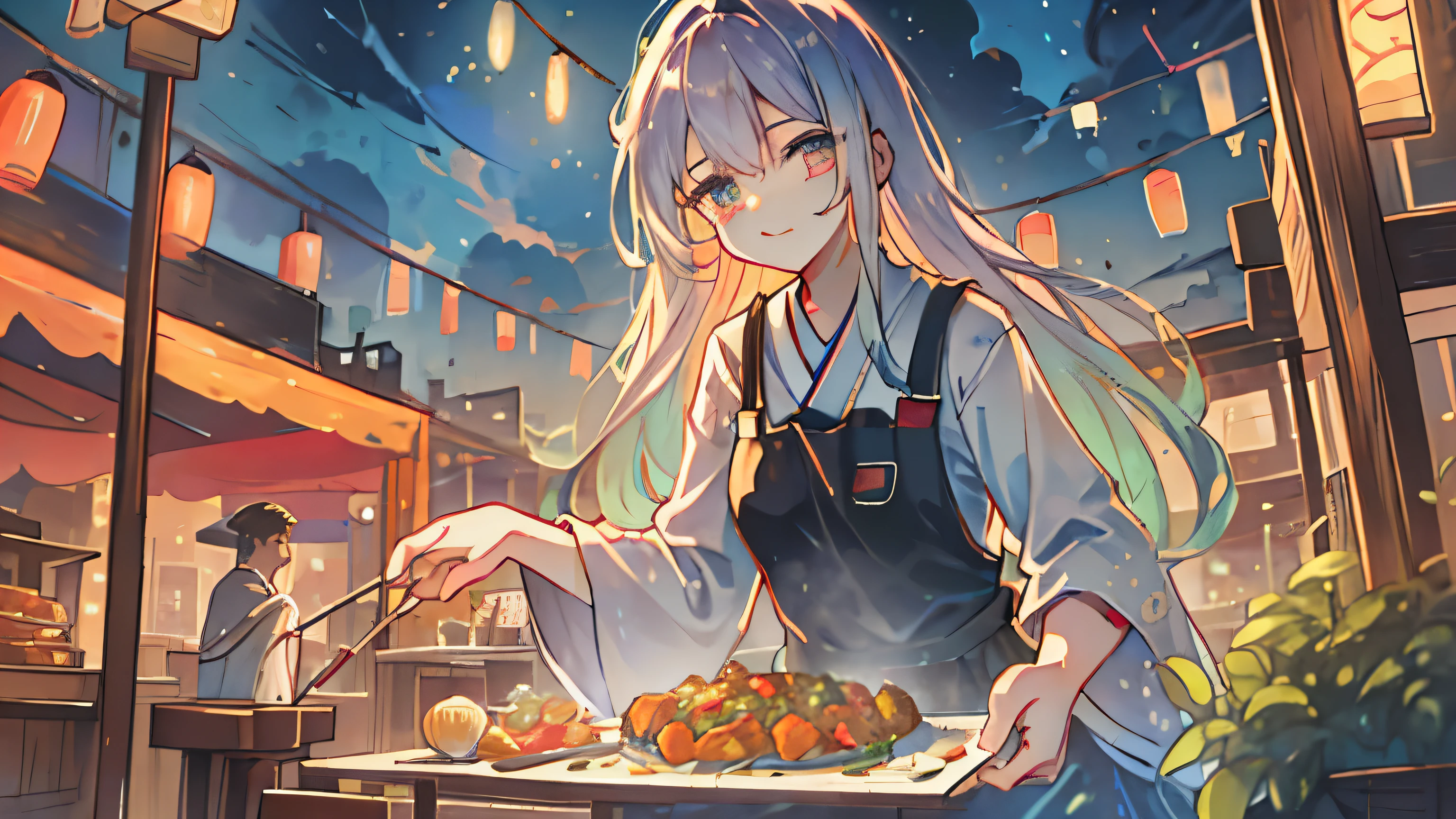 
"Envision a lively night festival, its vibrant energy buzzing in the air, as you approach a popular food stall. The enticing aroma of grilled delicacies draws you closer, where you see a skilled cook expertly tending to a sizzling grill. The cook, illuminated by the warm glow of string lights, flips skewers of marinated meat and vegetables, the flames dancing beneath, casting flickering shadows. The air is thick with the mouthwatering scent of spices and smoke. A line of eager customers, their faces lit with anticipation, stretches out from the stall. Each person waits patiently, chatting animatedly, their eyes occasionally drifting to the grill as they imagine the taste of the food. The sound of sizzling meat and the occasional cheer from nearby festival-goers punctuate the festive atmosphere. Describe the vibrant scene: the detailed interactions of the cook as they deftly manage the grill, the variety of colorful, fresh ingredients ready to be cooked, the animated expressions of the customers, and the overall sensory experience of being at this bustling food stall amidst the excitement of the night festival." best quality,highres,masterpiece:1.2,ultra-detailed,realistic:1.37,night scene,street vendor,toilet stall,overhead view,Vibrant colors,bokeh,nighttime illumination,crowded street,city hustle,exquisite details,((woman)),Japanese style,traditional lanterns,food cart,night market,bustling atmosphere,dynamic perspective,steaming hot food,atmospheric lighting,nighttime food scene,sumptuous feast,glowing neon lights,busy passersby,cultural vibes,authentic experience, ((1 girl)), 23 years old、（standing position、looks fun、put food on a tray）、（Buffet style restaurant、Lots of food on the table）