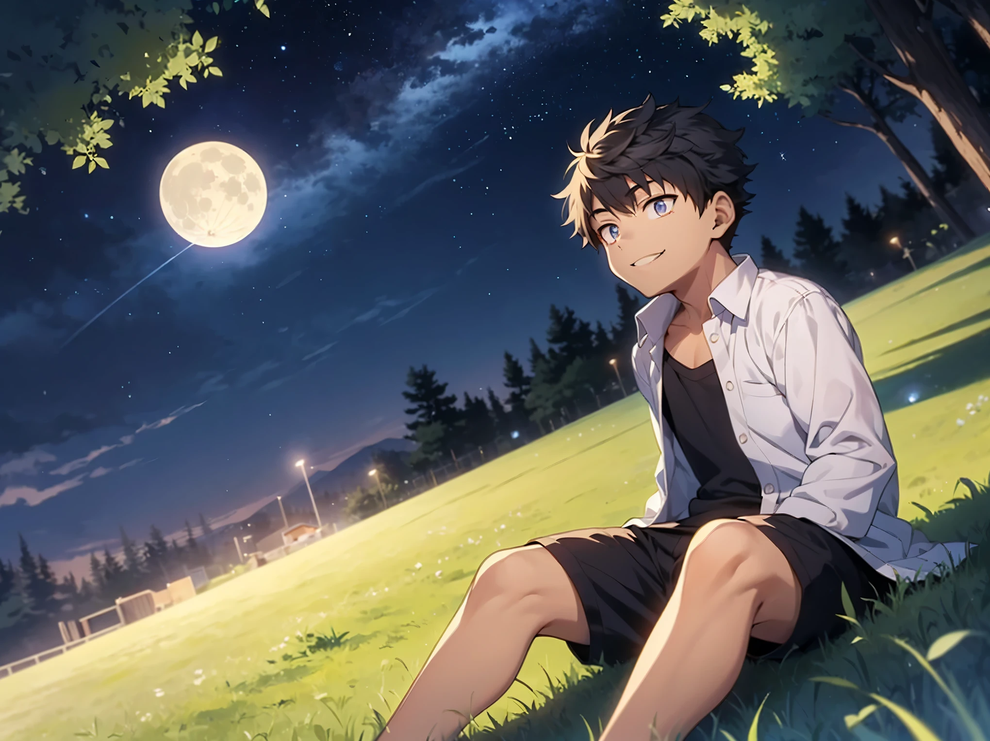 (detailed eyes),detailed skin,(masterpiece,best quality:1.4),Top Quality,High quality,Ultra detailed,insanely detailed,anime style,1 boy,smile,open collar shirt,shorts,big moon,starry sky,grassy area,sit,(looking away:1.2),blown by the wind