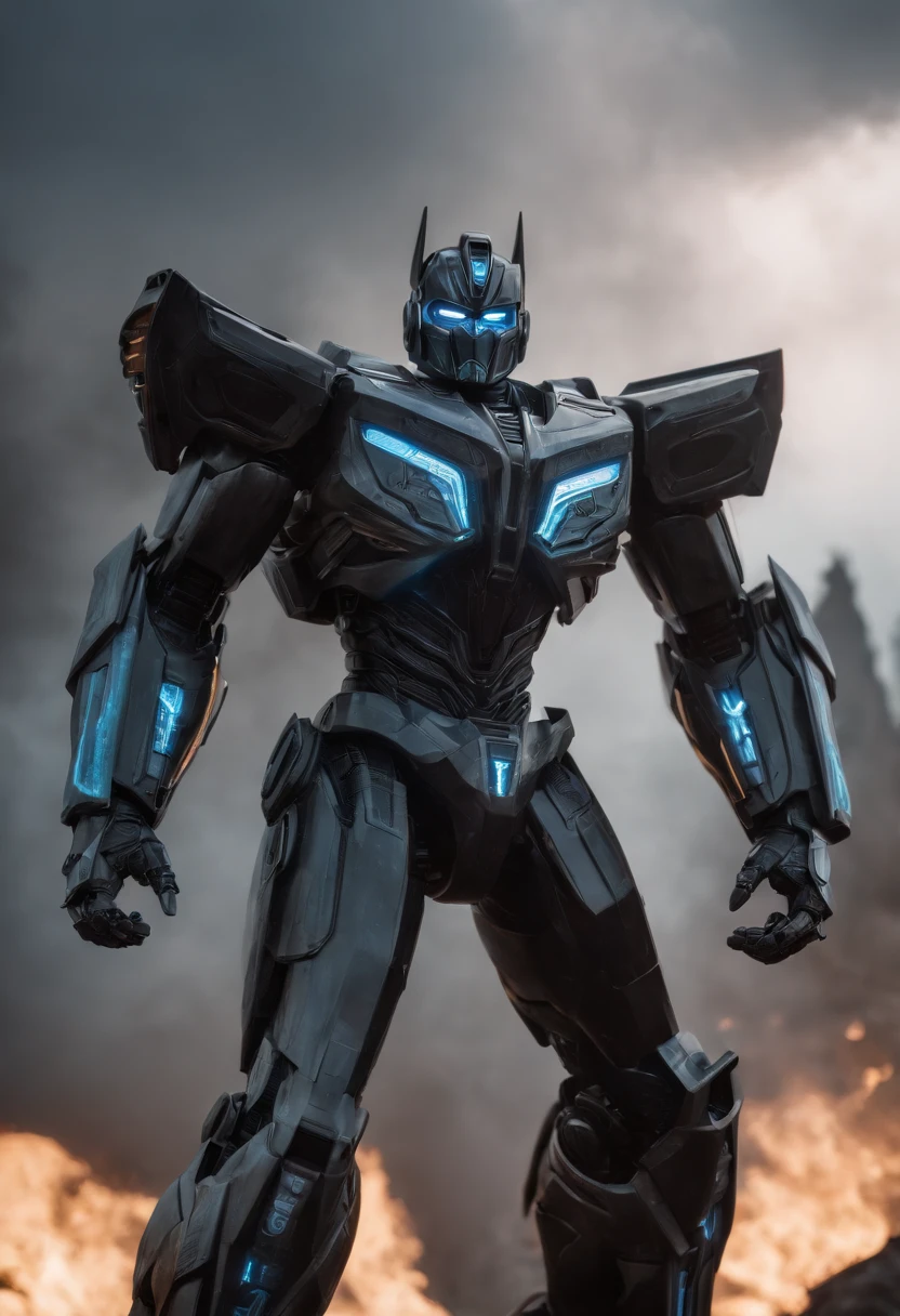 Tron and Megatron Transformer Combo, Creation：heritage, Fighting Stance, Clear images, Intricate details, close up, Battle scars, Black and Amber Themes, Simulated World, 50 feet high