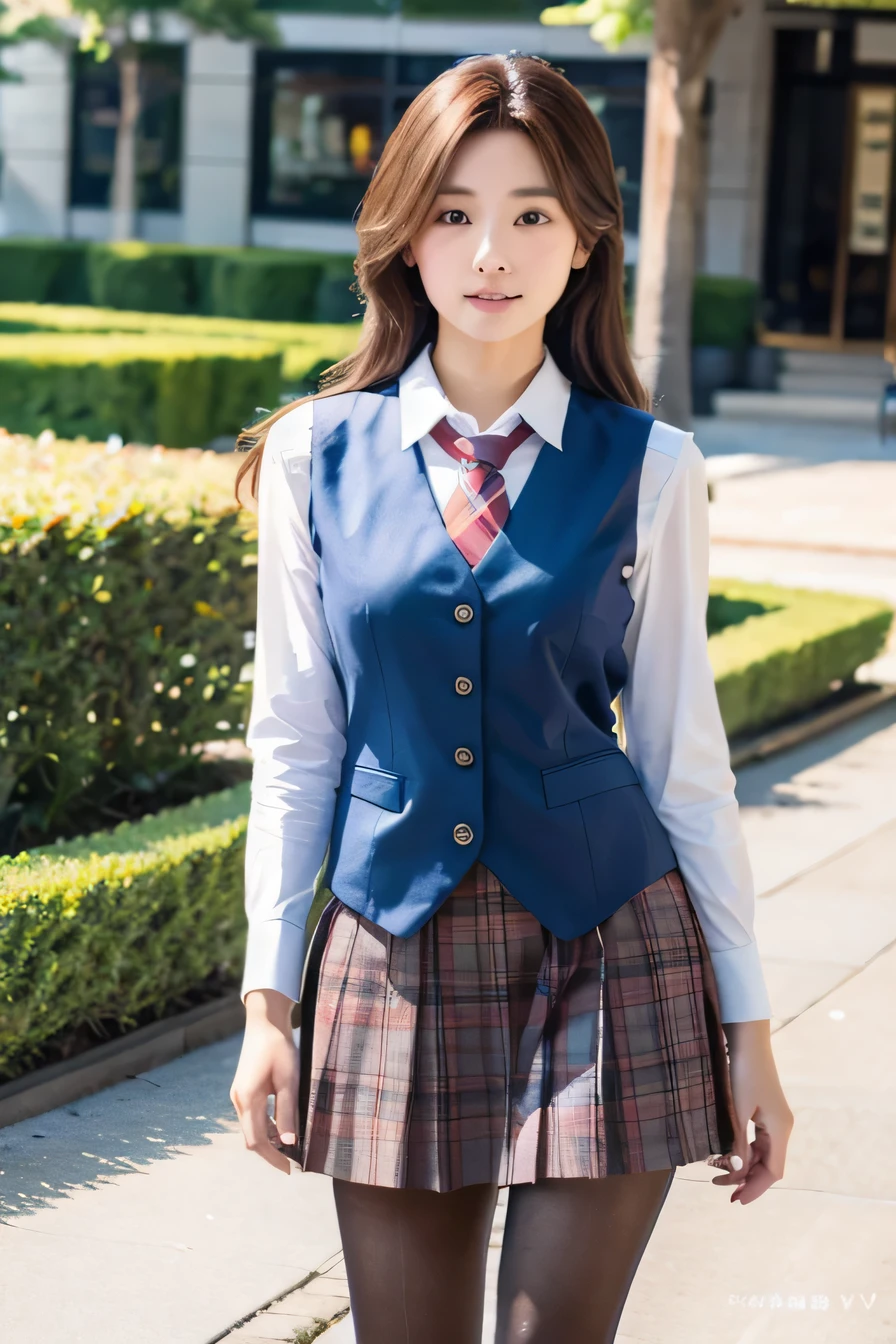 Ulzzang-6500-v1.1, (RAW Photos:1.2), (Photorealistic), (Genuine:1.4), １girl、Perfect Anatomy、Looking at the camera、Medium Hair、Checked vest vest、skirt、((Are standing:1.3))、(Ultra-realistic pantyhose:1.2), (High heels)、(Business services)、
