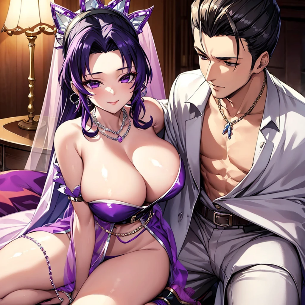 ((highest quality)), ((masterpiece)), (detailed), （Perfect Face）、The woman is Shinobu Kochou, has purple hair and has sex with a man in bed、Wearing a gorgeous shiny purple long slit see-through dress and a furry purple see-through cape、Jeweled earrings, necklaces, bracelets, ankle bracelets, waist chains and head dress chains are available for customers.、Wearing shiny purple boots、A woman is sitting in a large, luxurious chair and being caressed all over by a lustful middle-aged man, and she is snuggling up to him, arms folded, and looking at him with a smile.