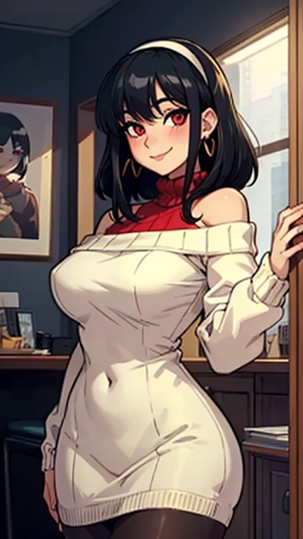 (close-up:1.2), (cute:1.3), (nervous:1.4), (head fully in frame:1.3), (beautiful face:1.5), looking at viewer, (smile:1.3), playing with own hair, closed mouth, upbeat mood, (blush:1.2), beautiful eyes, curvy, (large breasts:1.3), (wide hips:1.1), narrow waist, (cute:1.4), adjusting clothes, rizdraws, thick lineart, (film grain:1.2), (semi-traditional artstyle:1.3),
bbyorf, (black hair:1.3), short hair with long locks, white hairband, red eyes, gold earrings, jewelry, off shoulder, red sweater, sweater dress, long sleeves, black pantyhose