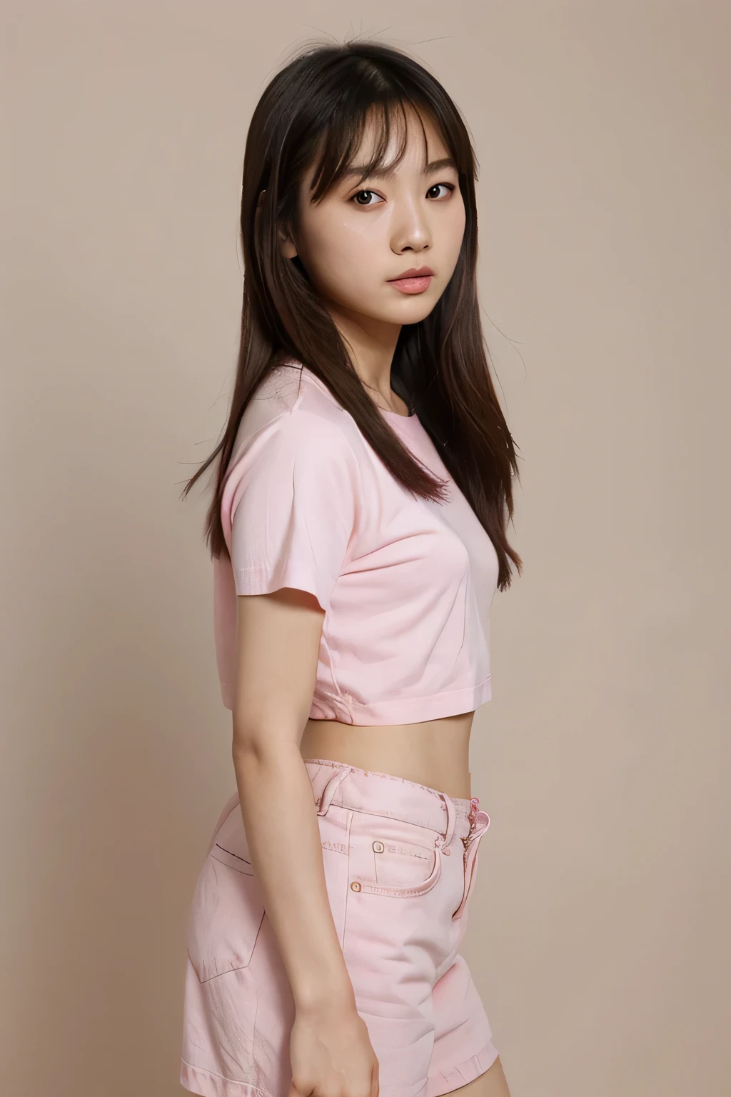 cute asian girl. pink vibe , empty background , look straight