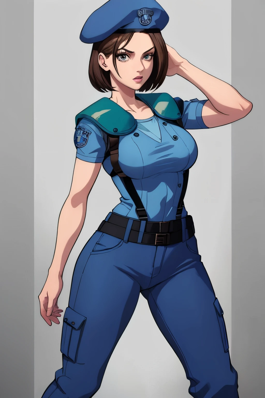 Jill Valentine, masterpiece, best quality, 1girl, solo, standing, jillre1, beret, uniform, shoulder pads, short sleeves, harness, belt, pants, unmoving pattern, peitos grandes, bunda grande, ela esta mostrando a lateral, pernas abertas, bunda grande, decote, peitos grandes 