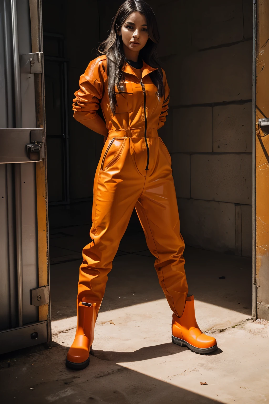 A girl in jail, in a zipped orange prison jumpsuit and black Hunter rubber boots, hands and ankles cuffed