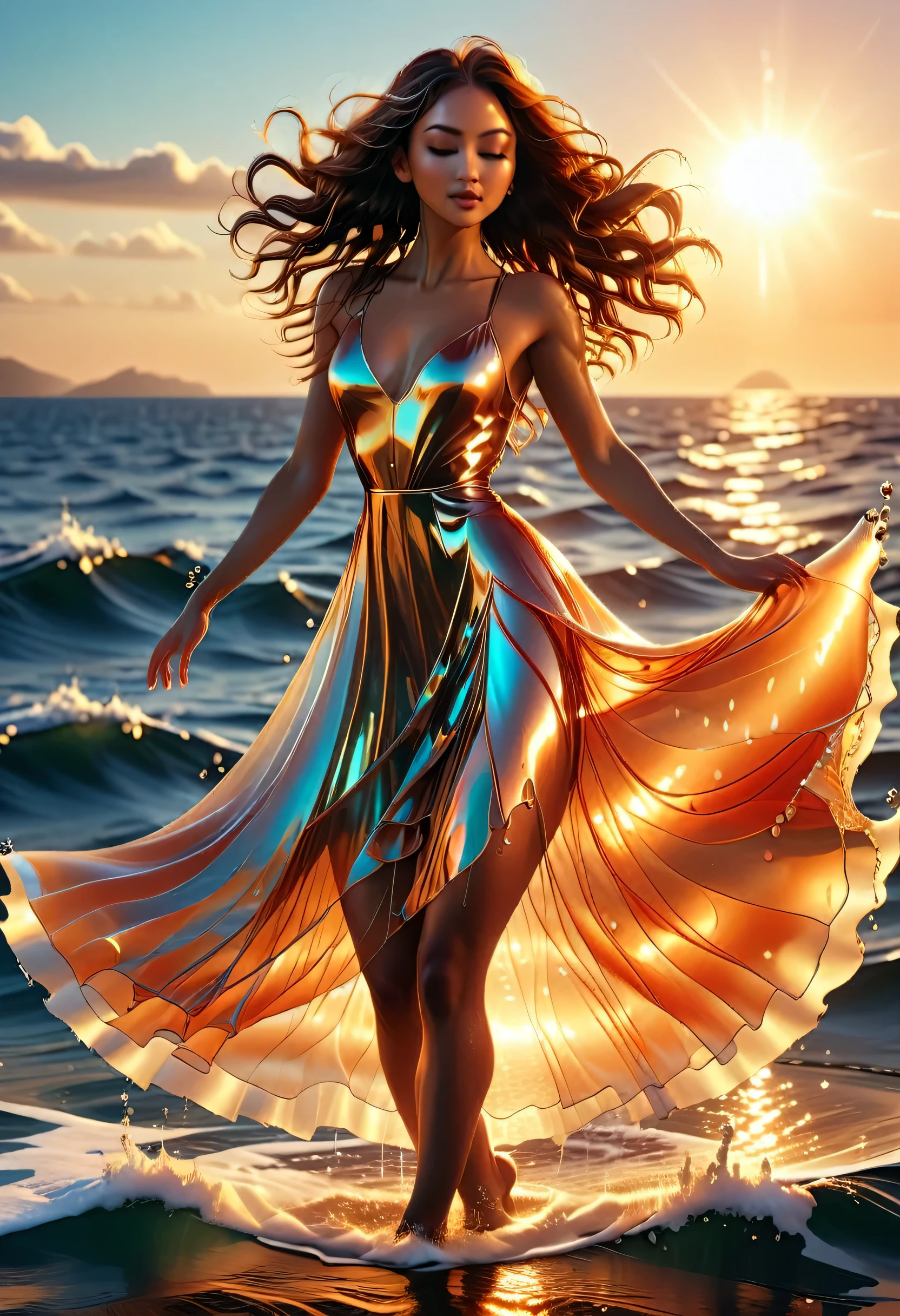 (Dancers on the Sea Surface:1.2), with graceful arms outstretched and twirling shiny_white_skirt, water dress, graces on the Golden_Sea Surface in a breathtaking ultravarium realism , full body panorama, the sunset, bathed in (hues_orange and hue_red)light , sun casts its warm_glow across the scene, reflecting off the shimmering ocean waves,. the dancer's form is intricately detailed, every curve and muscle visible in this high-definition, realistic rendering, detailed textured Splash on the Sea Surface beneath her feet seems to come alive as the sunlight dances upon it, while the sky above is alive with vivid hue_ultraviolet that add an ethereal quality to the scene, She (Dancing on the Sea Surface),8k 16k ,uhd,masterpiece, trending on artstation 