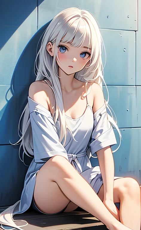 (masterpiece:1.4、top-quality、illustration:,realistic、)、(character focus、,full body:1.3)、(1girl),(clear face:1.3),(exact limbs:1.4),cute face,blue eyes、(tareme:1.3)、((sitting legs up:1.5),
(),(sitting,lean against the wall:1.4),、
(white hair),(long hair:1.5)、
,(her room:1.3),(loose Room wear:1.5),
(blunt bangs),(sidelocks:1.3), (small breasts:1.2)、
、slender、