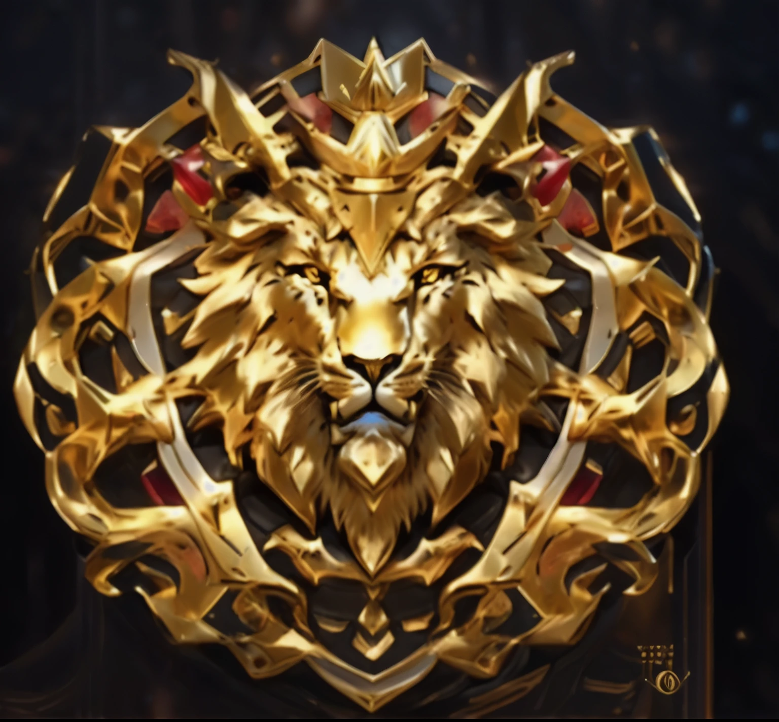 a close up of a golden Lion head on a black background, symbol of wisdom, Golden Nobles, royal insignia in background, third Lion head, lion icon, Imperial symbol, Lion head, King of the Beasts, Armory, Lionsgate, Character Icon, Black gear prince crown, Lion Warrior, Gorgeous Art, Portrait of a Renaissance master, Epic Legend, Avatar pictures